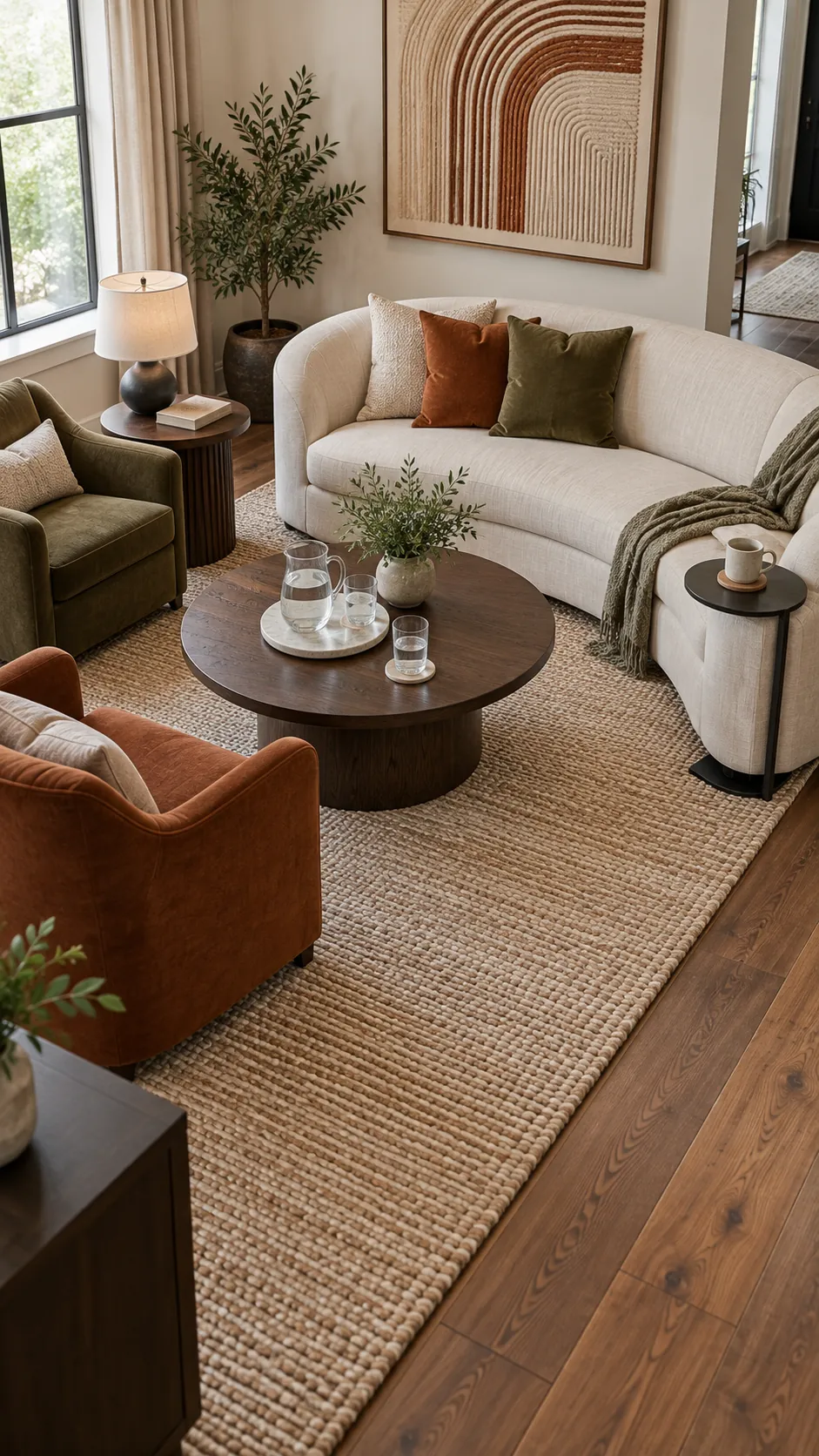 Coffee table and side tables within reach of every living room seat