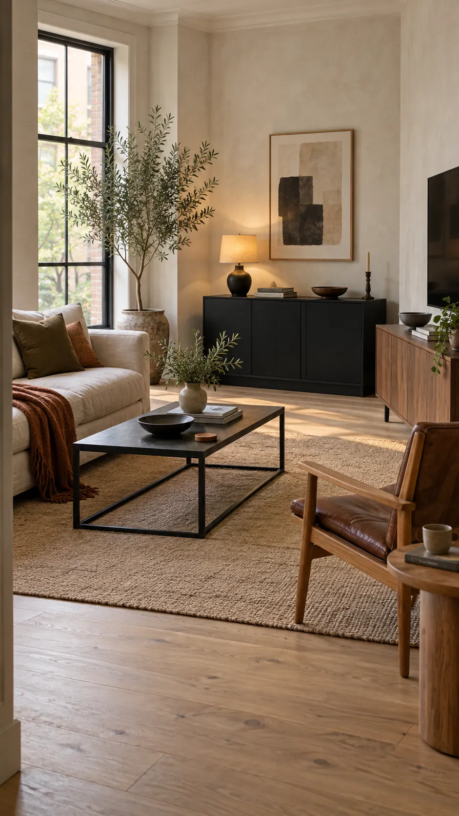 Layered living room combining black furniture with warm wood pieces