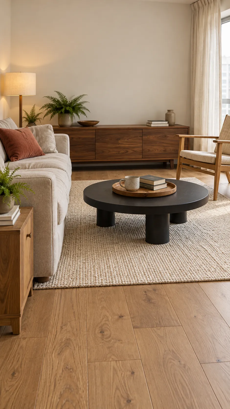 Living room where warm wood leads and a black coffee table provides contrast