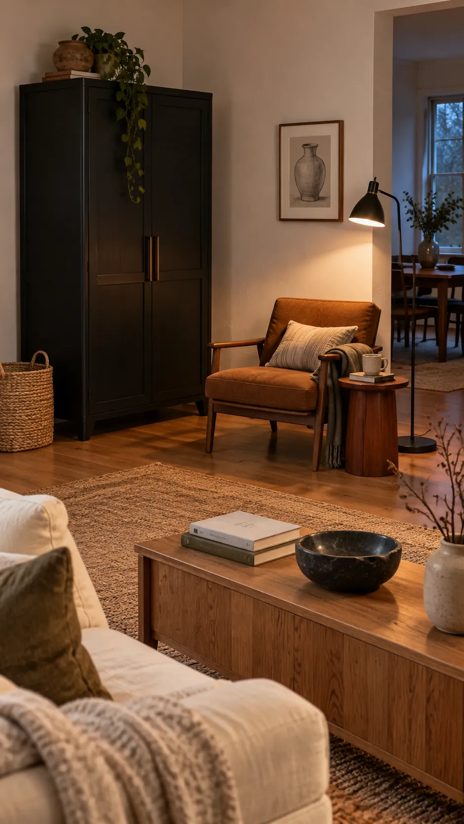 Black cabinet connected to small black accents around a warm wood room