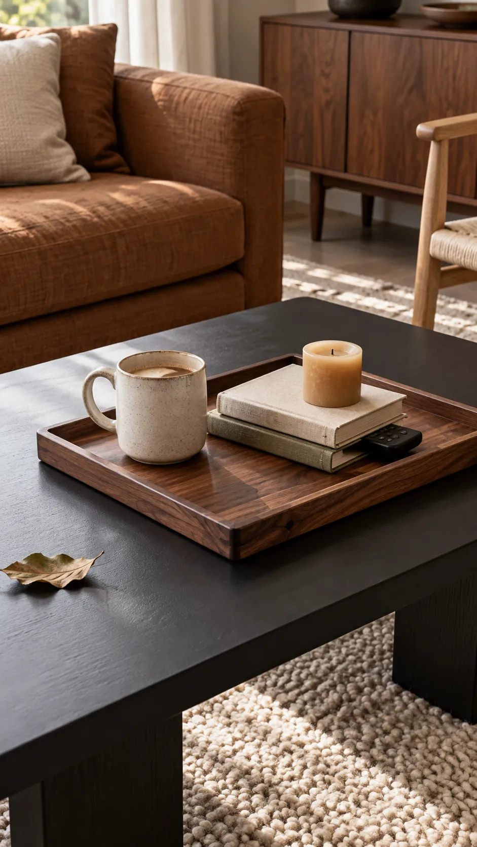 Walnut tray linking a black coffee table to warm wood furniture