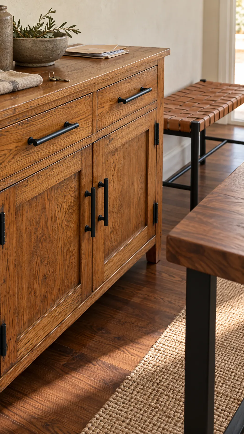 Warm wood cabinet and black furniture connected by matte black hardware