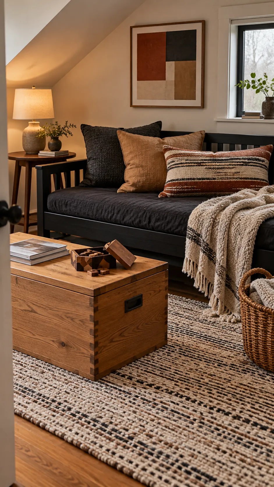 Textured rug and cushions bridging black furniture with warm wood tones