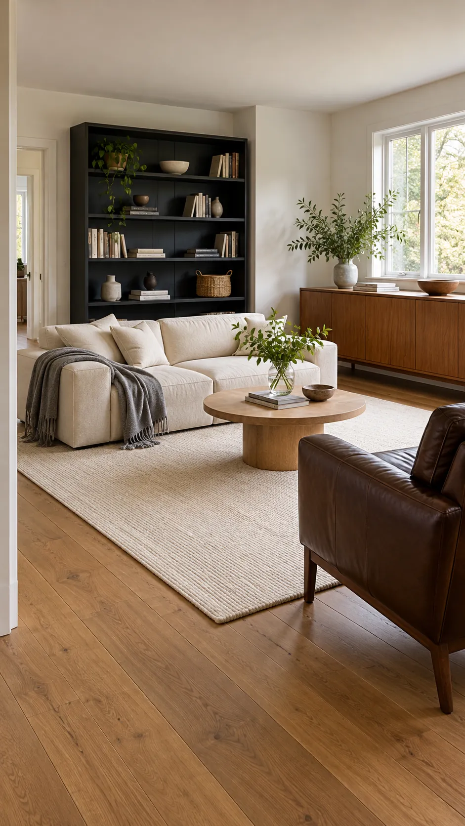 Balanced living room with black furniture opposite a substantial wood cabinet
