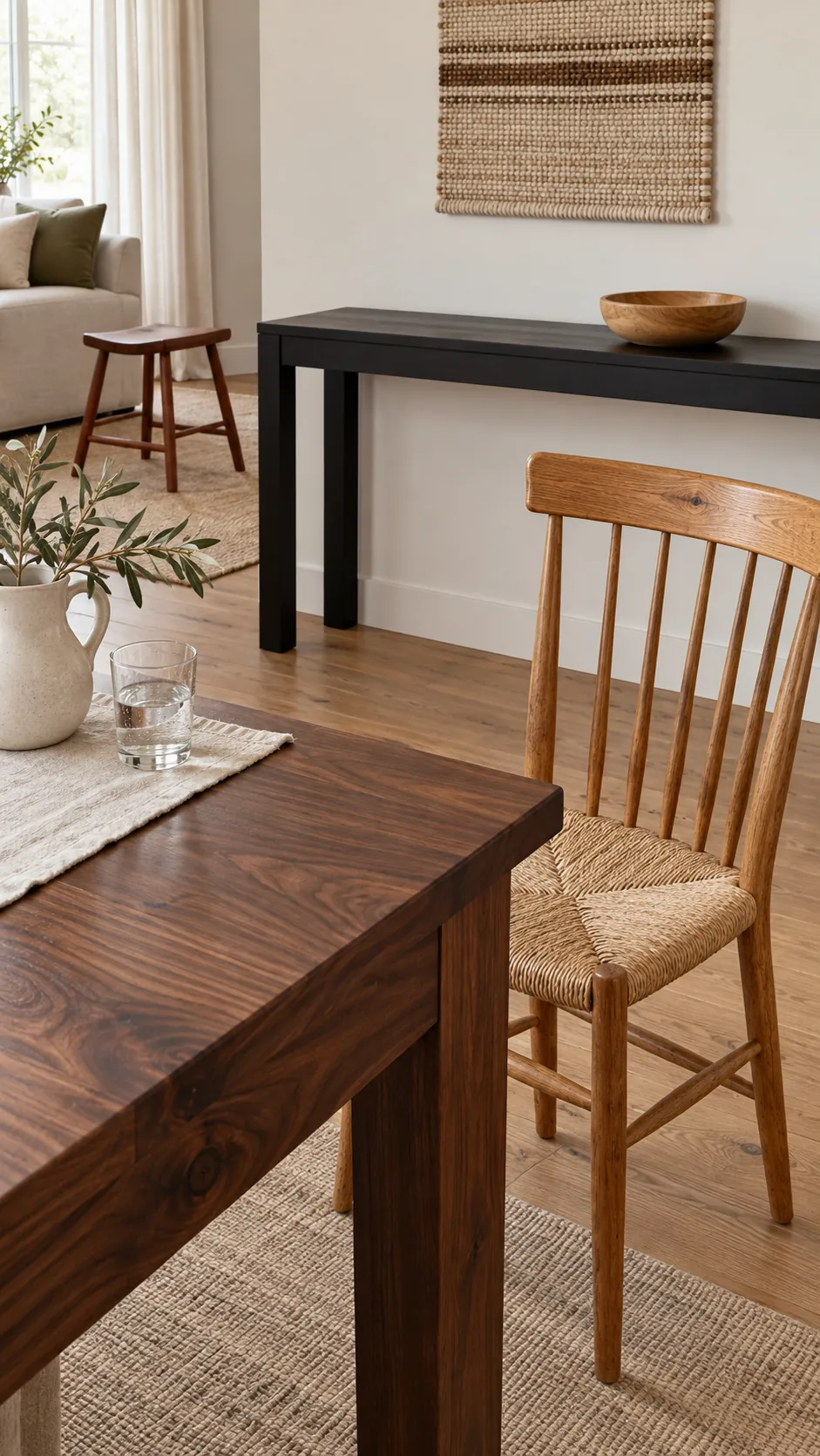 Coordinated walnut and oak undertones beside matte black furniture