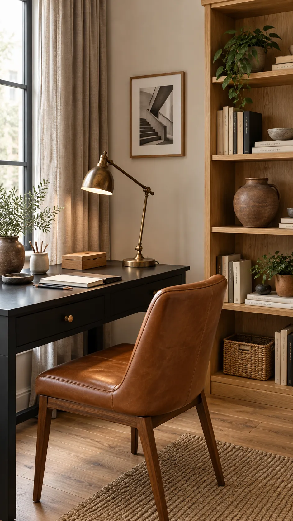 Cognac leather and aged brass mediating black and honey wood furniture
