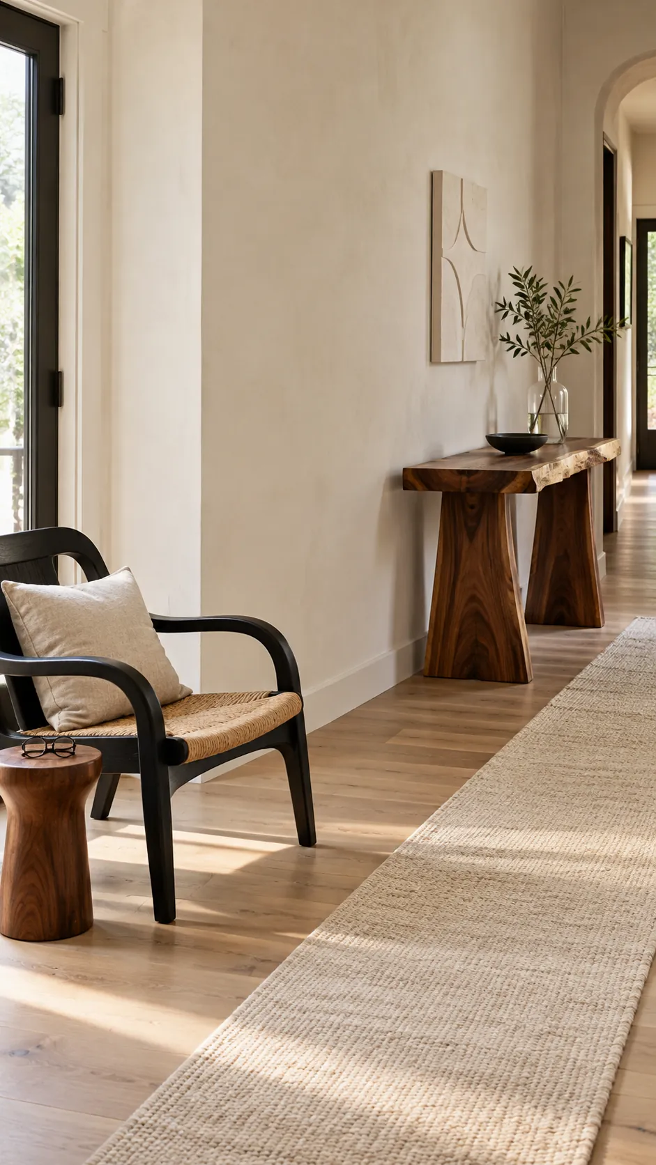 Black chair and sculptural wood console separated by intentional breathing room