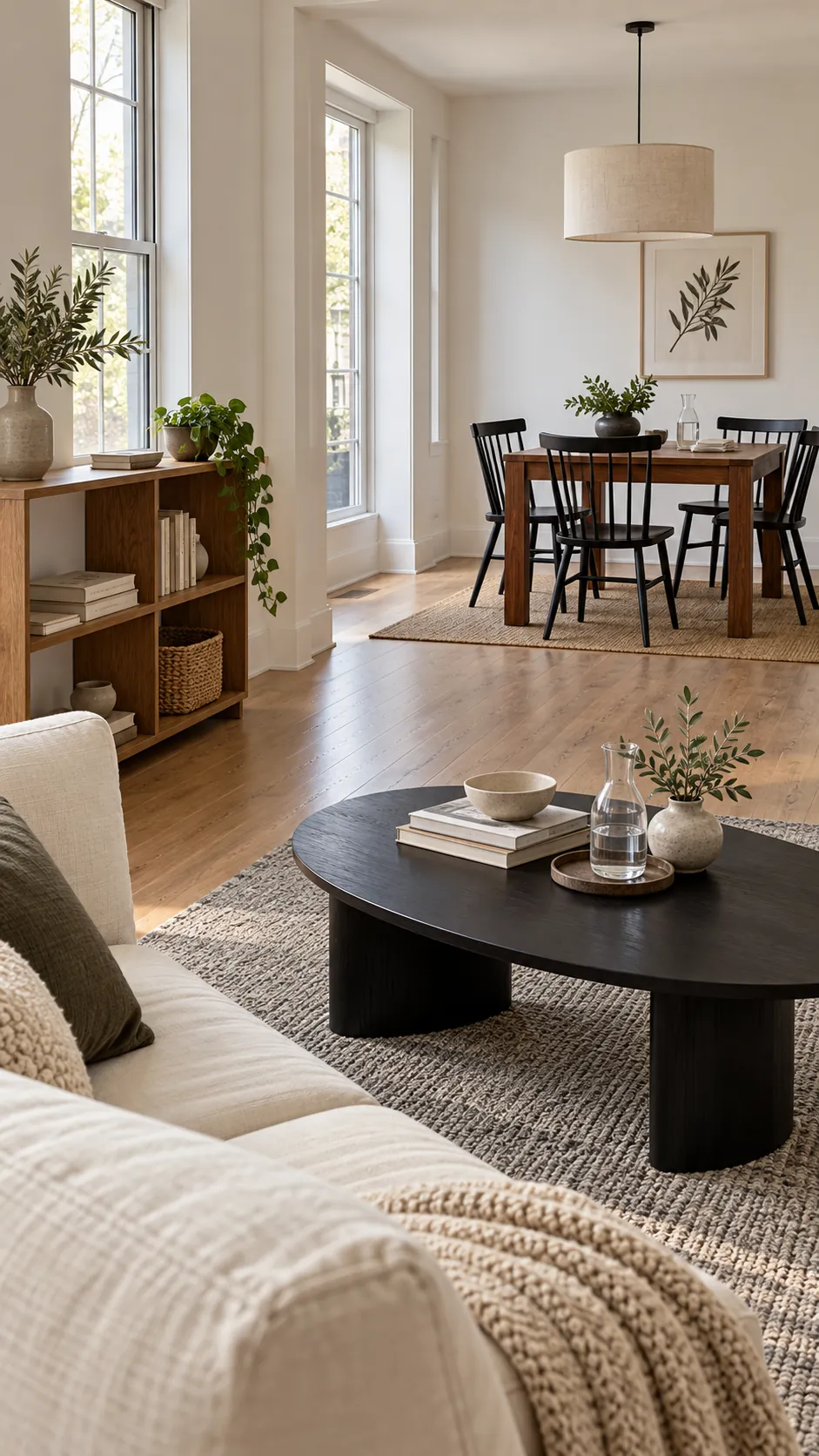 Open plan room repeating black and warm wood finishes across living and dining zones