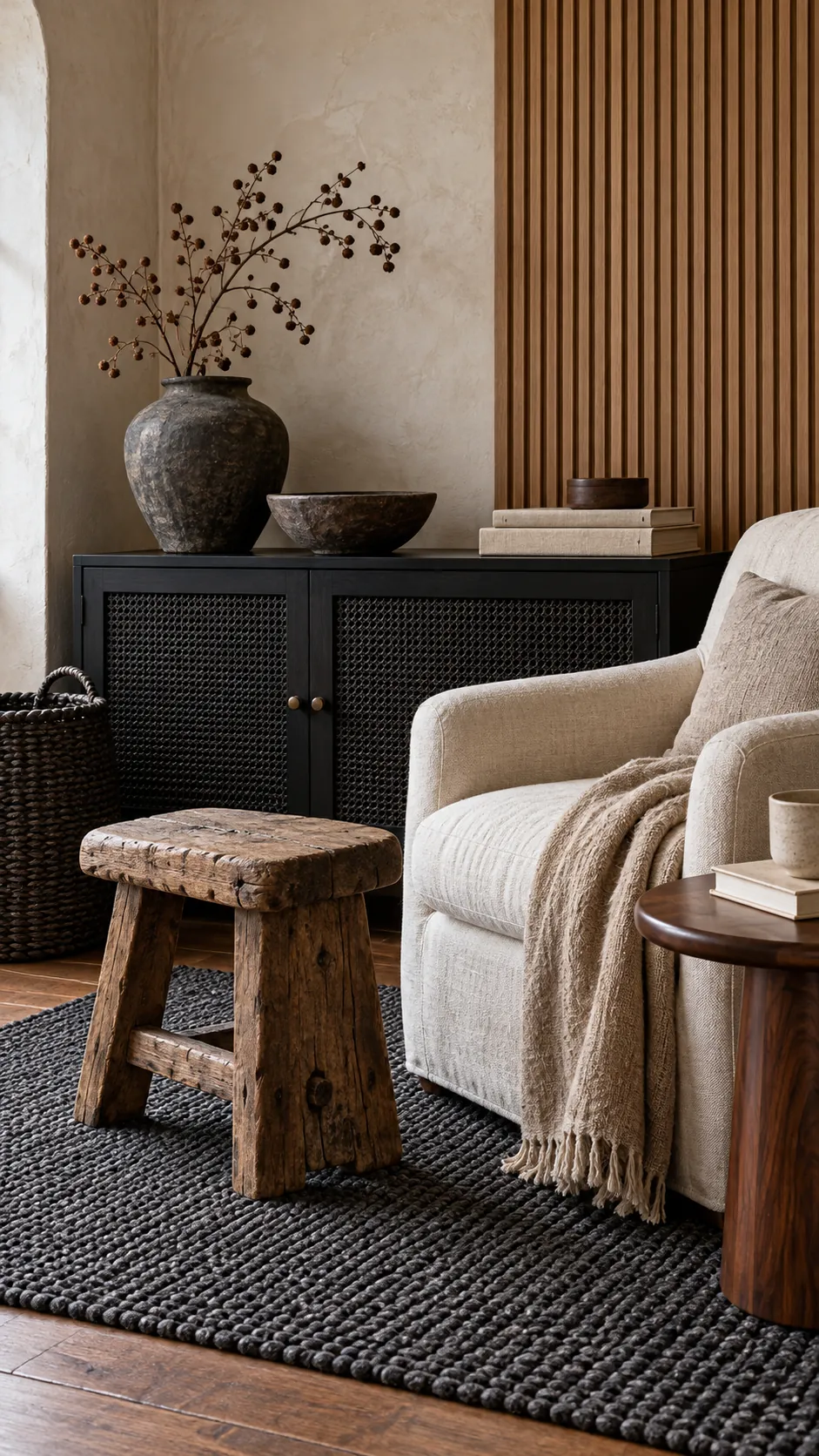 Matte black cabinet with woven fibers and varied warm wood textures