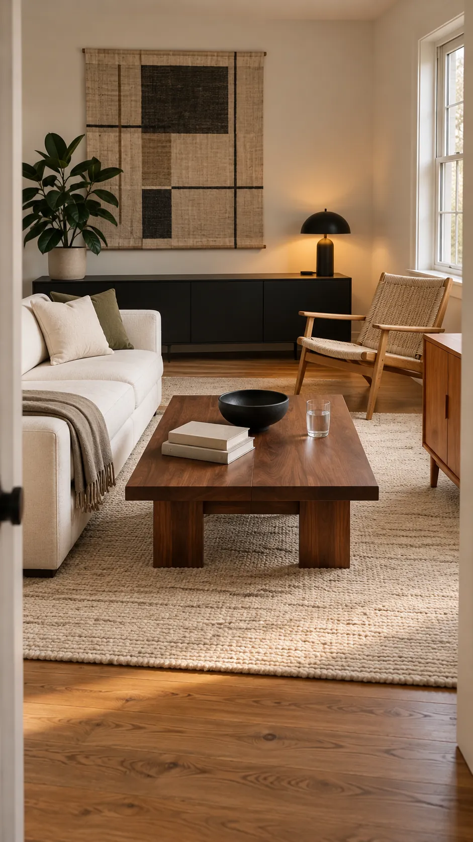 Edited living room with purposeful black and warm wood repetition
