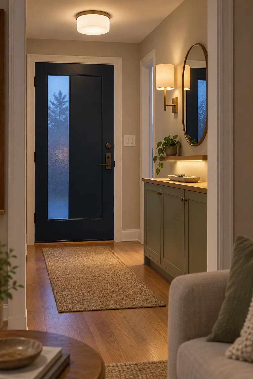 Layered ceiling and wall lighting brightening a narrow small foyer