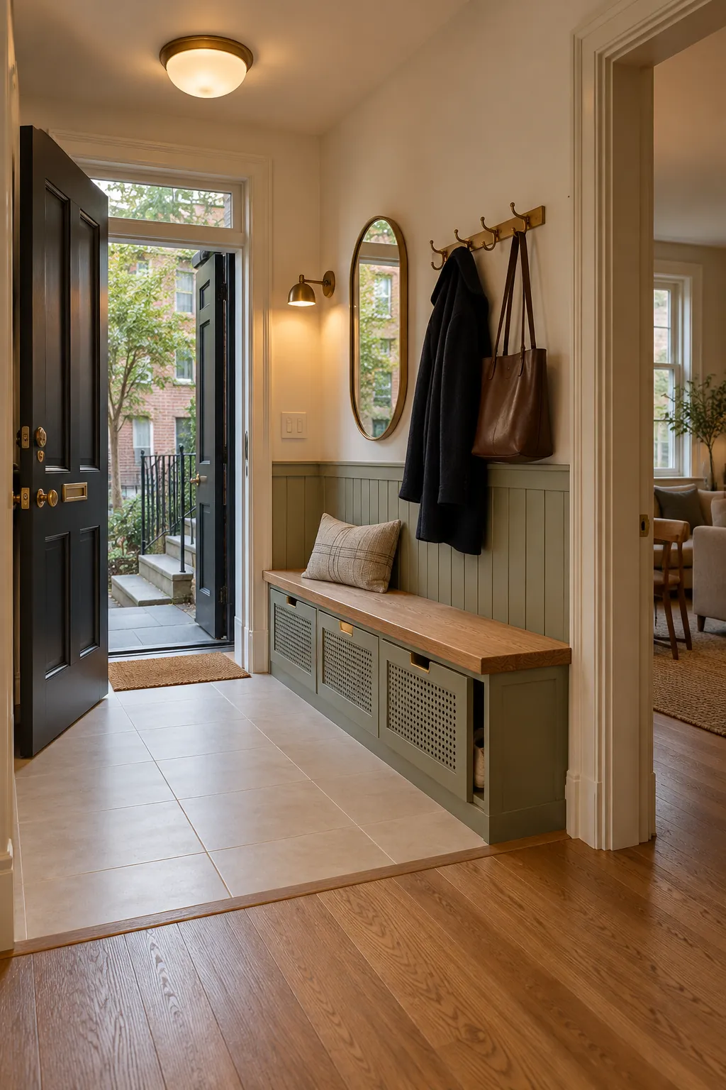 Renovated small entryway with durable tile layered light and shallow storage