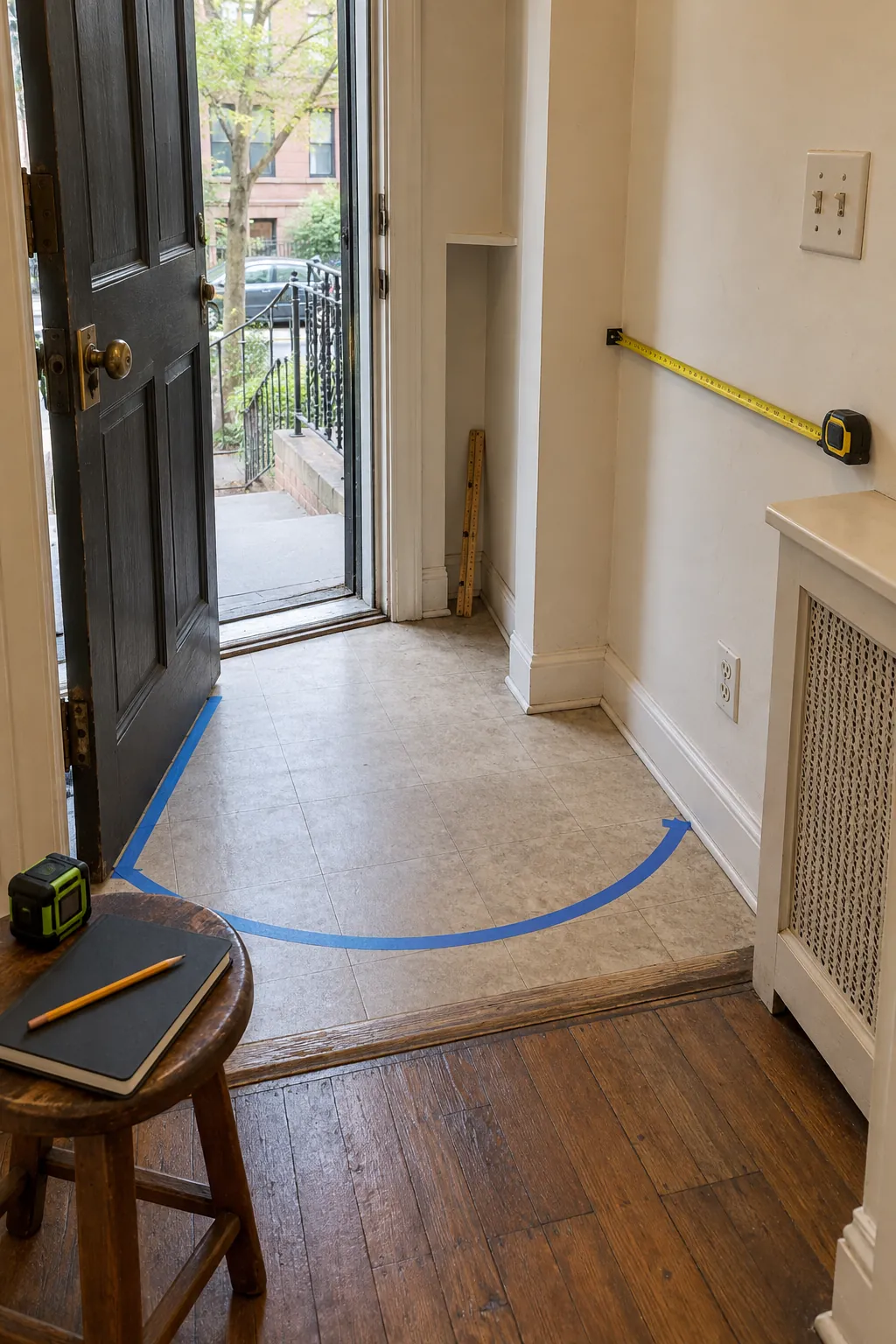 Small entryway prepared for renovation with door clearance and wall dimensions checked