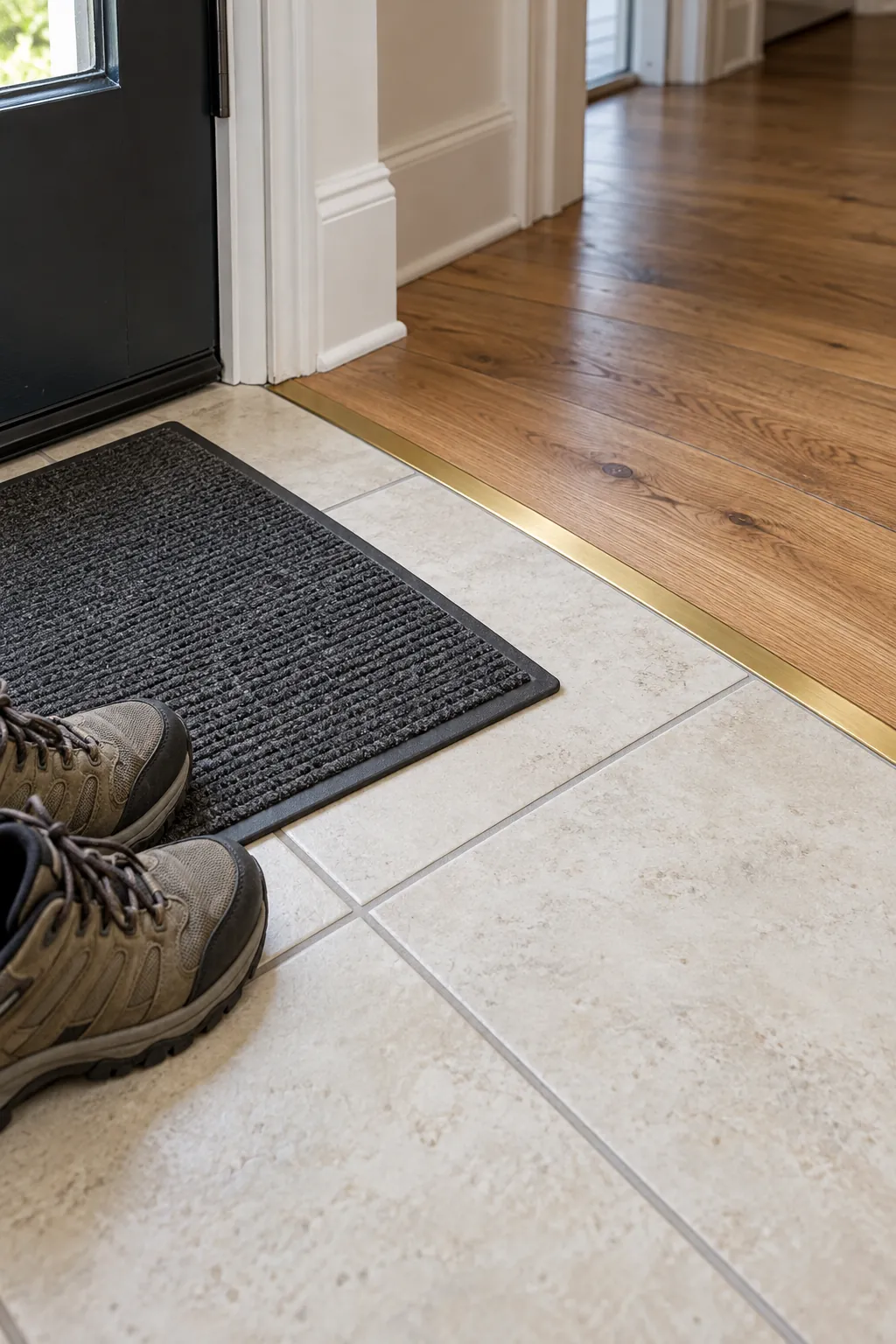 Durable entryway tile meeting wood flooring at a clean level transition