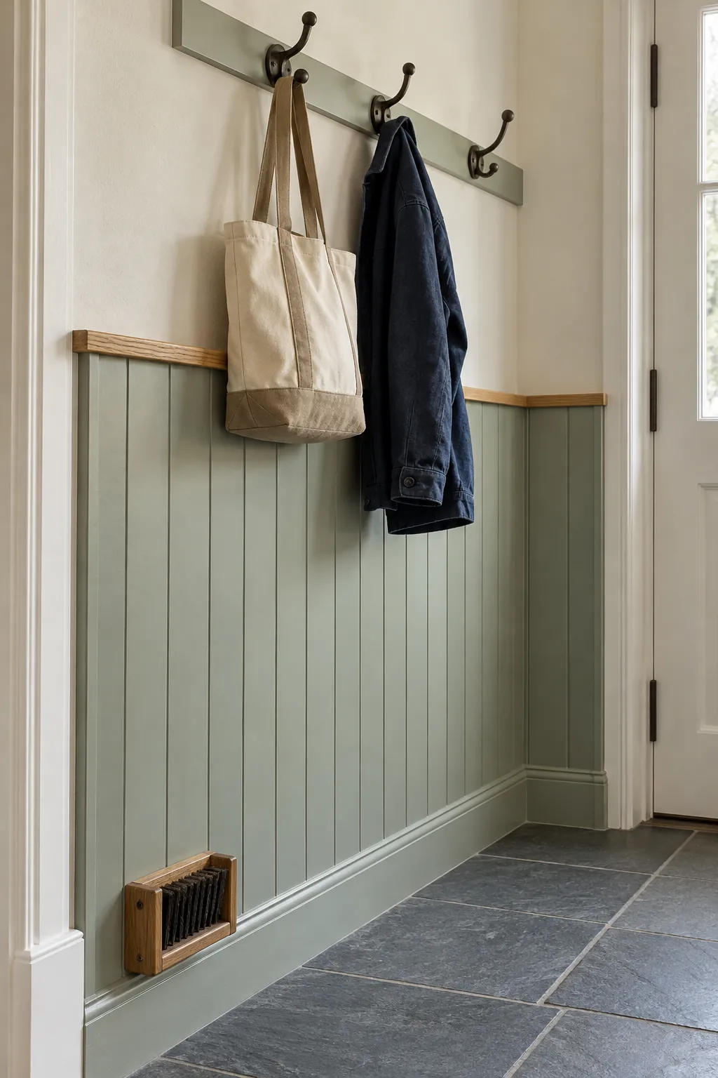 Washable entryway wall paneling protecting a narrow high contact area