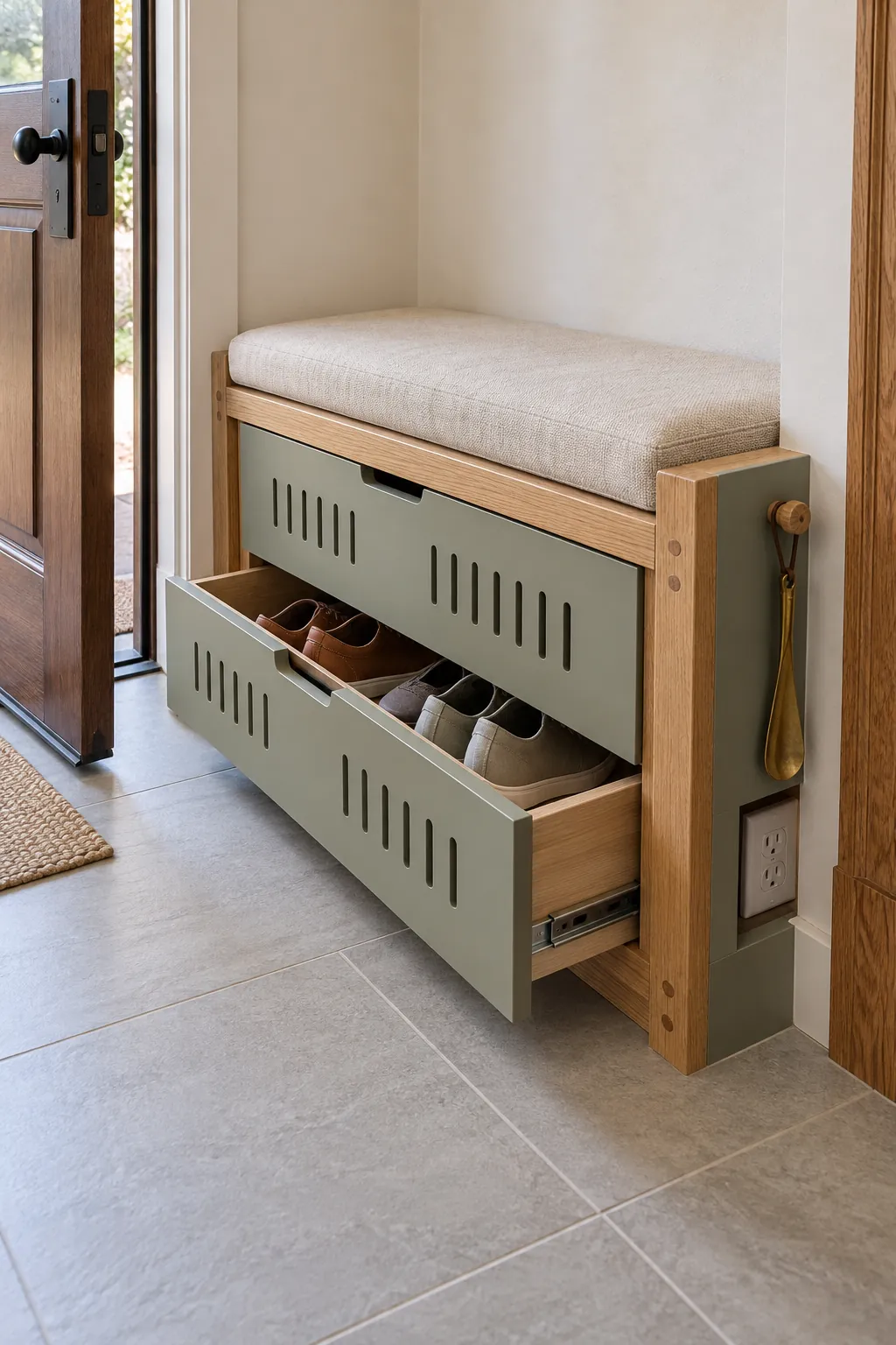 Shallow built in entryway bench and ventilated shoe storage in a small foyer
