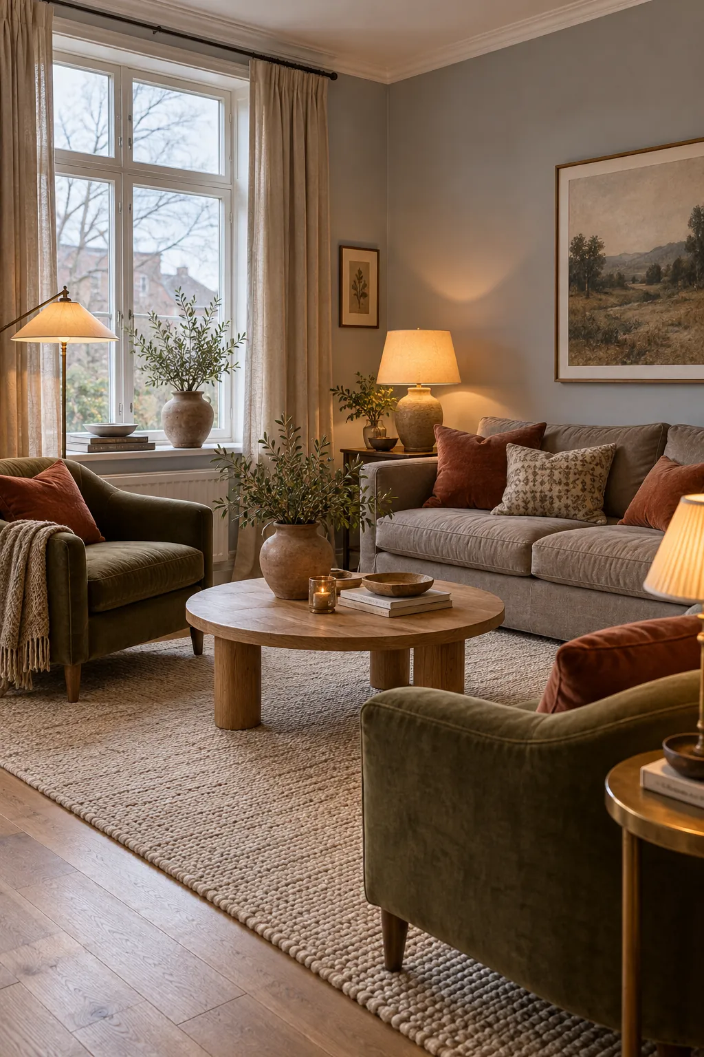 Warm north facing living room with layered lamps wood and soft textiles