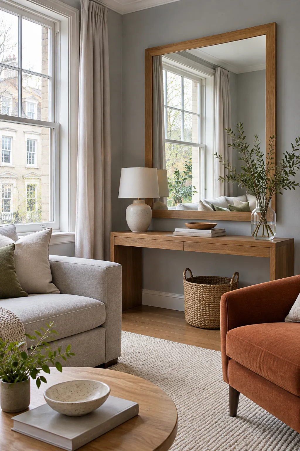 Wood framed mirror beside a north facing living room window