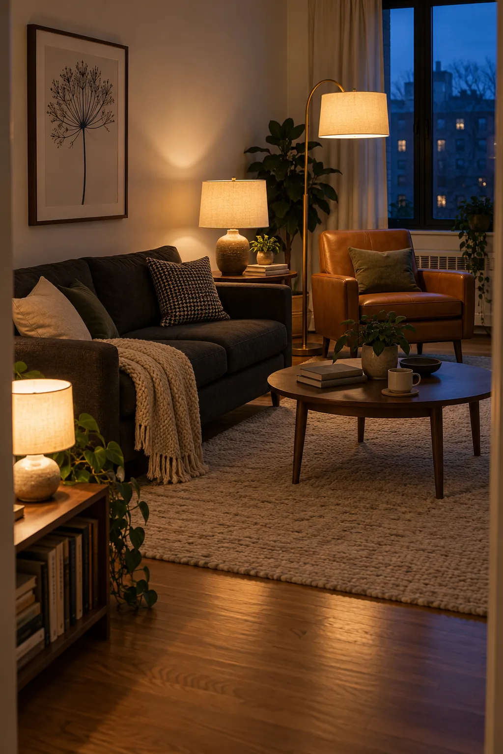 North facing living room warmed with floor table and accent lamps