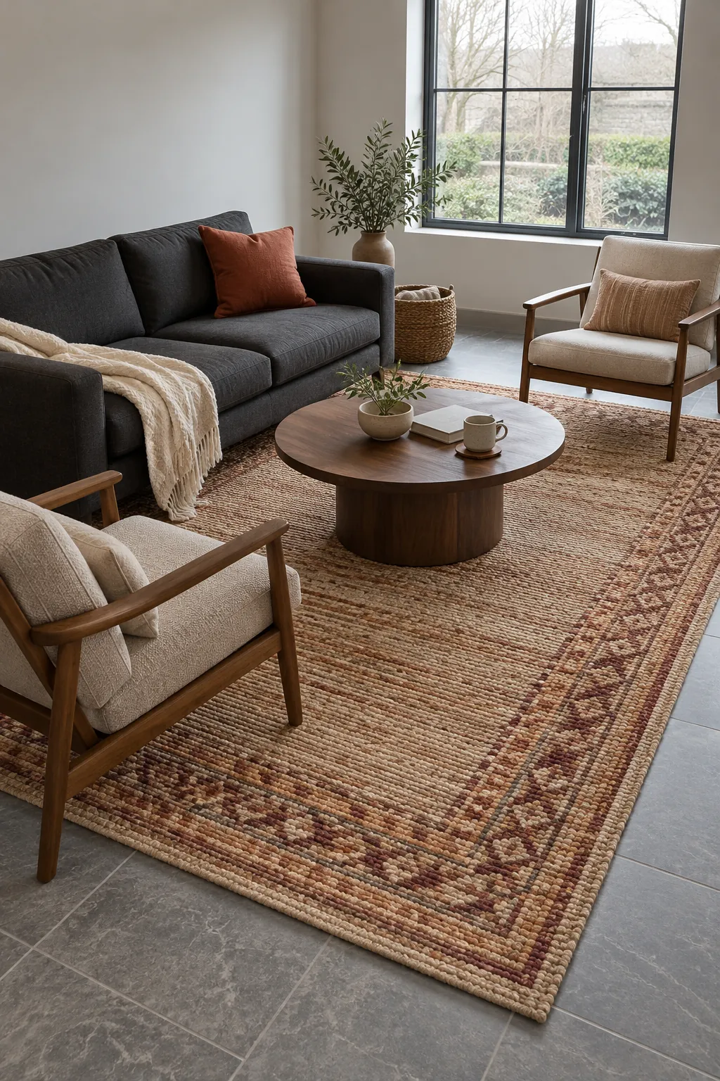 Warm woven rug softening a north facing living room