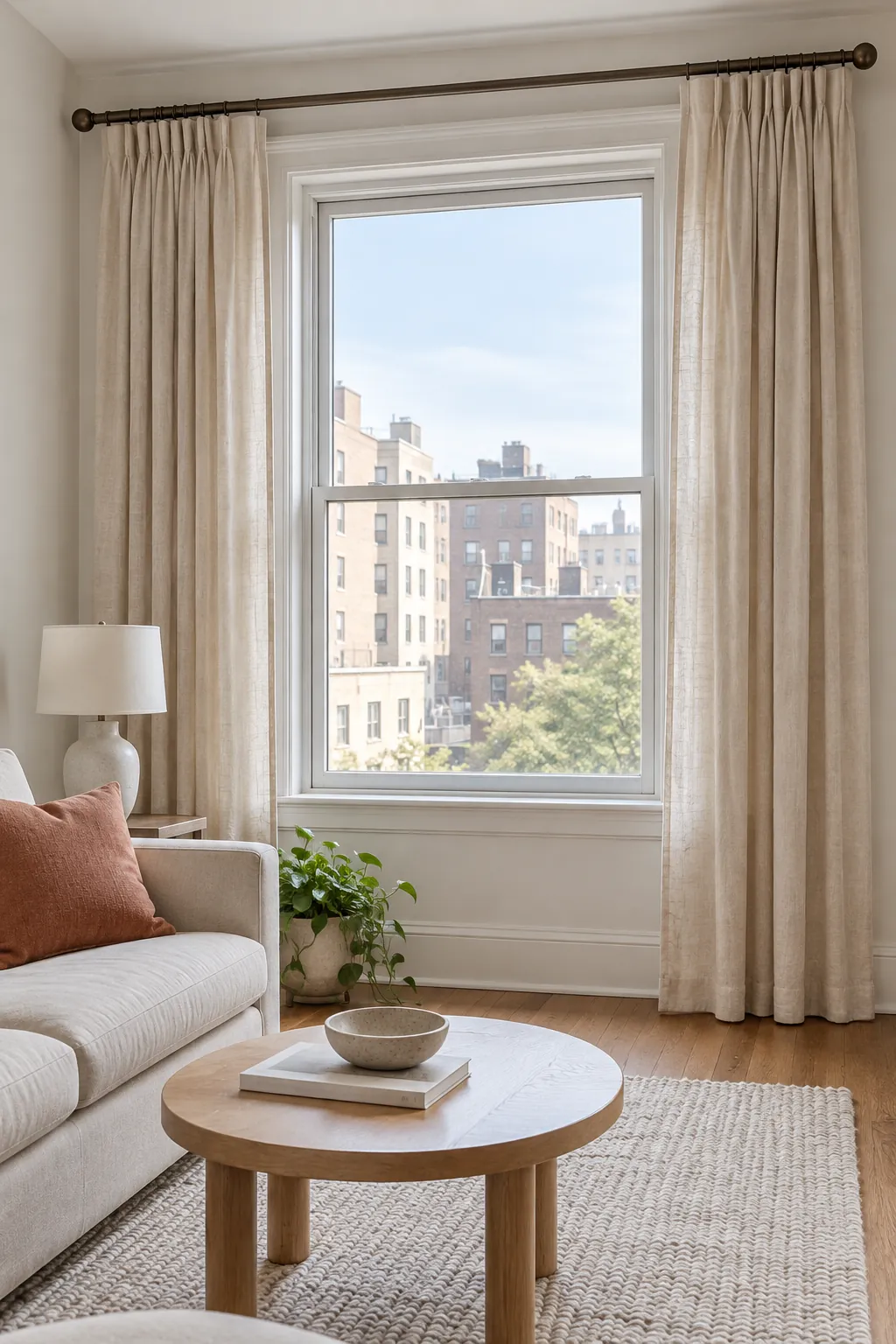 Flax linen curtains stacked clear of a north facing window
