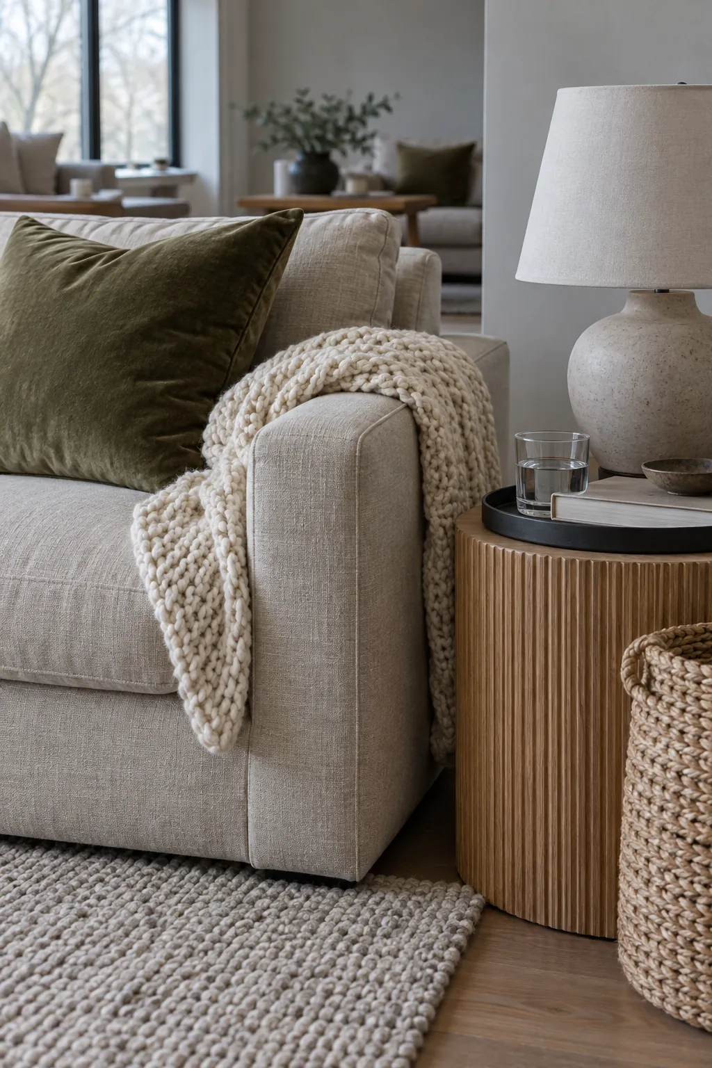 Wool linen velvet and ceramic layered in a north facing living room