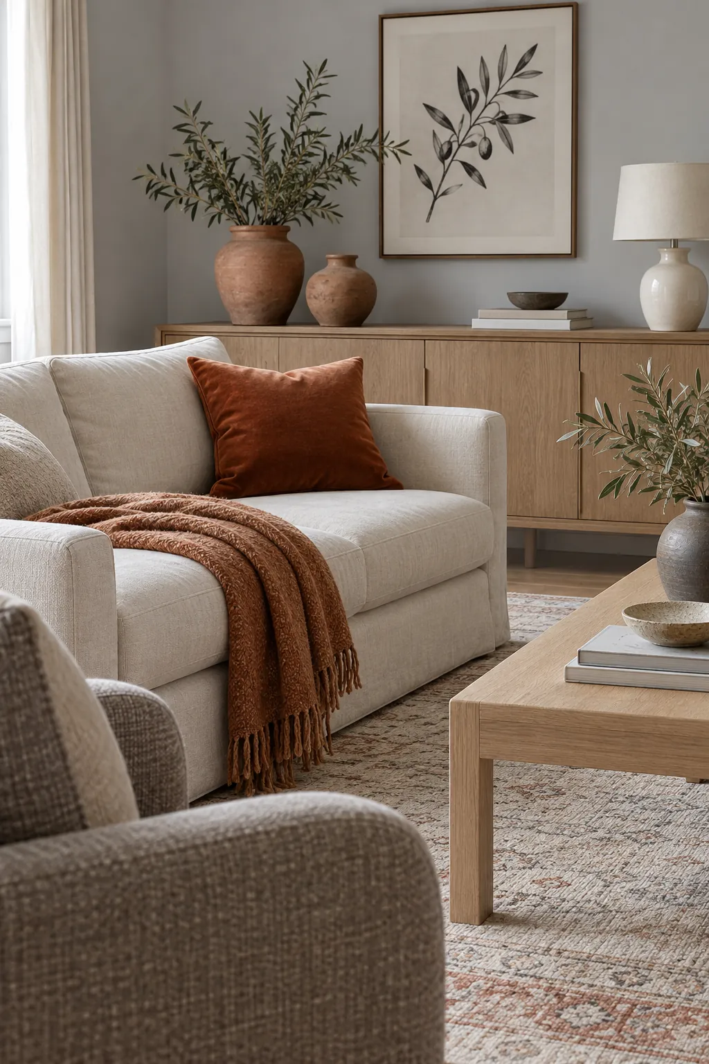 Rust textiles and clay pottery warming a neutral living room