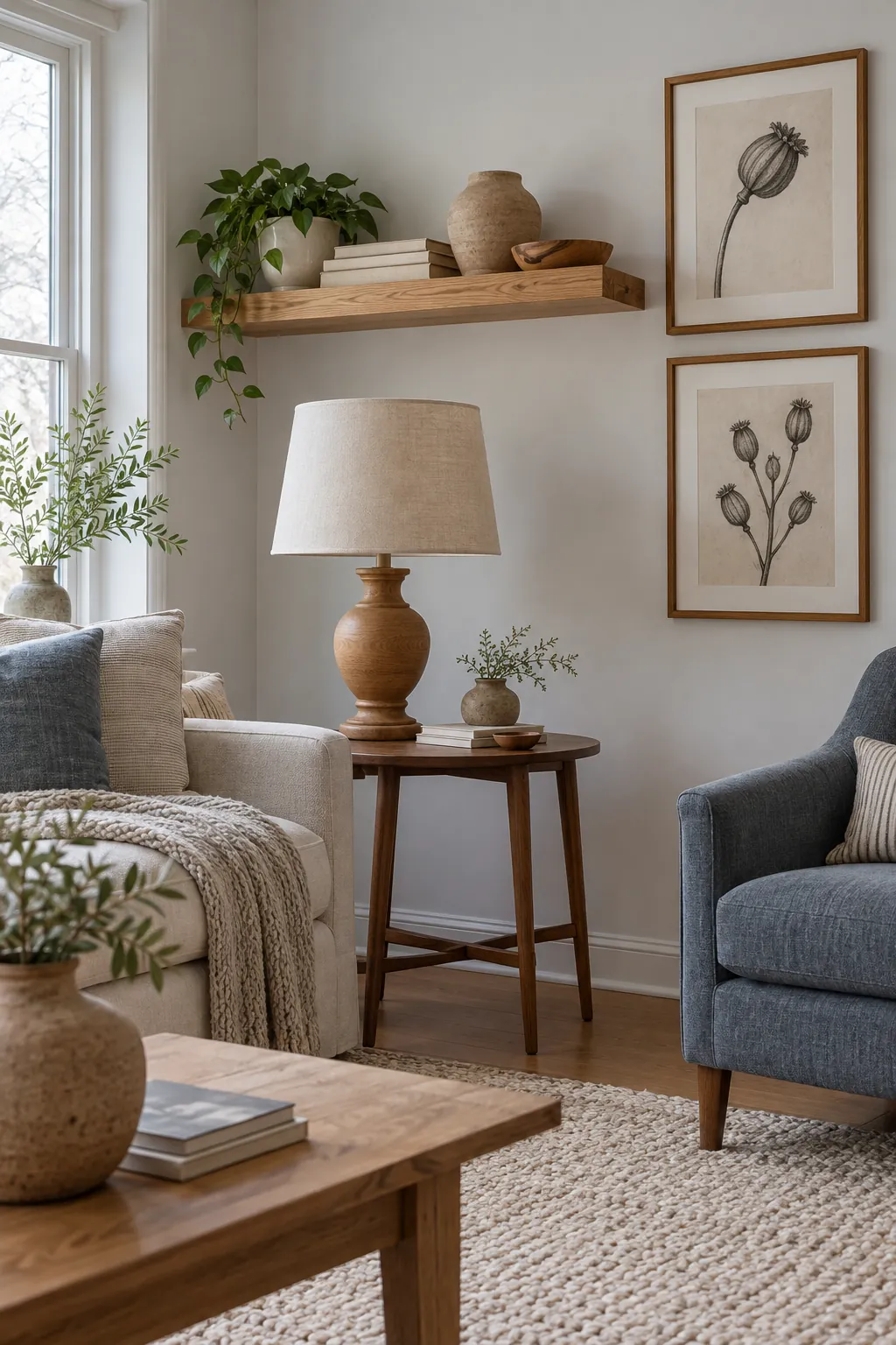 Warm wood side table lamp and frames in a dark living room