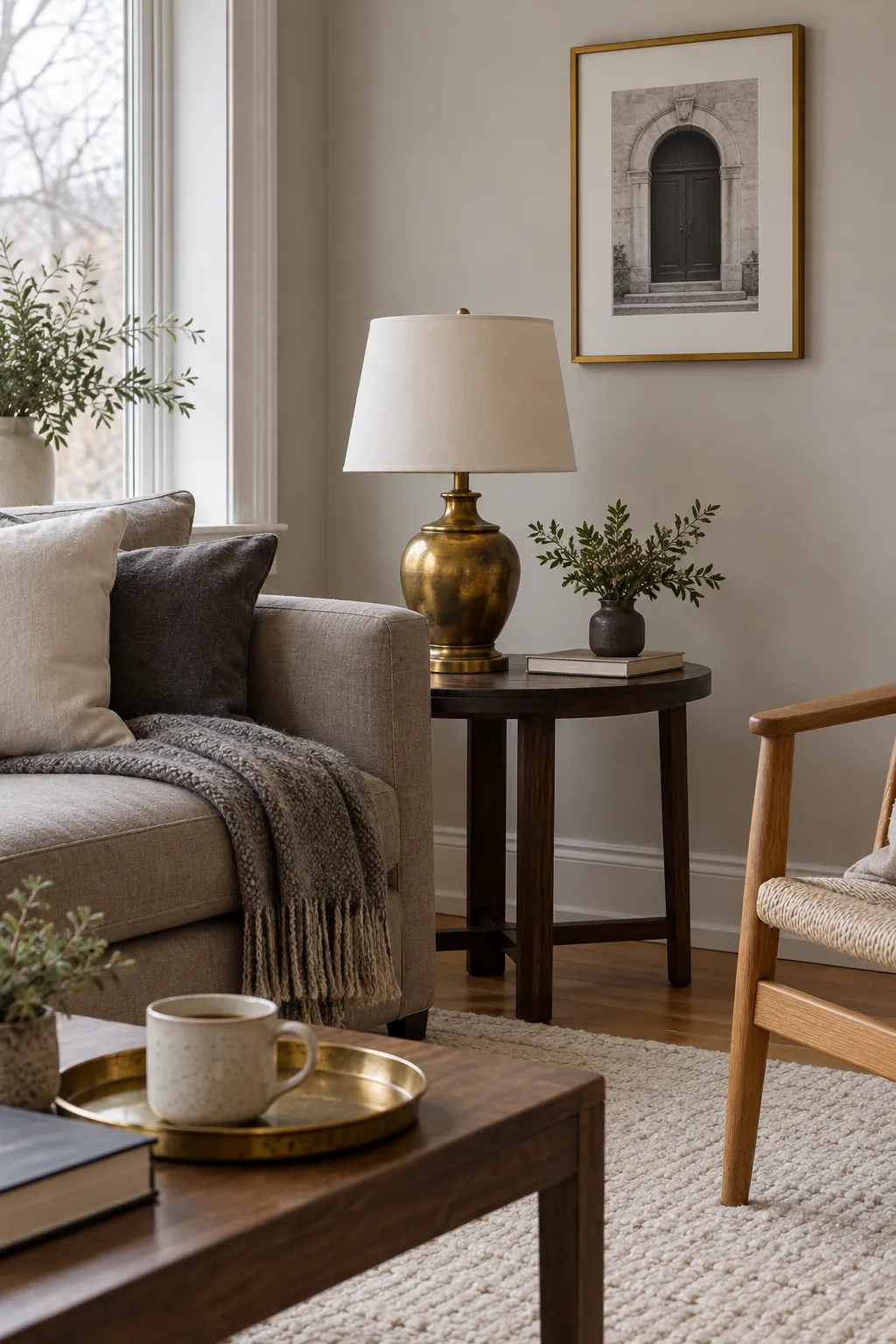 Aged brass lamp tray and frame warming a neutral living room