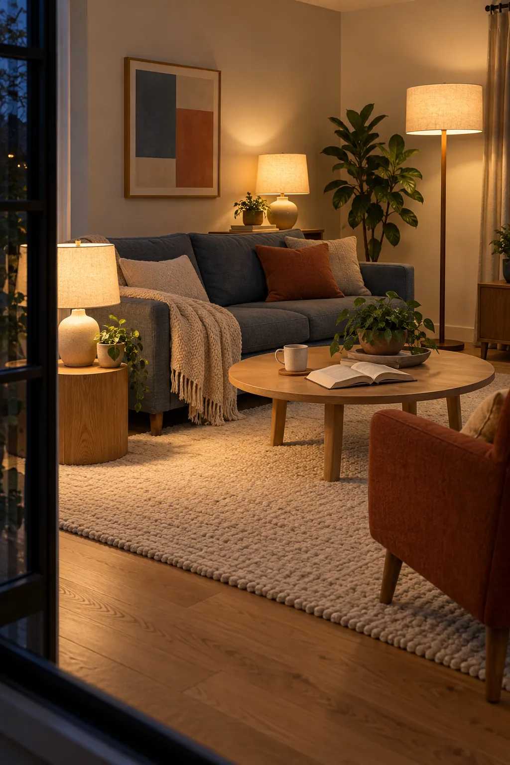 Warm white lamps creating natural evening light in a living room