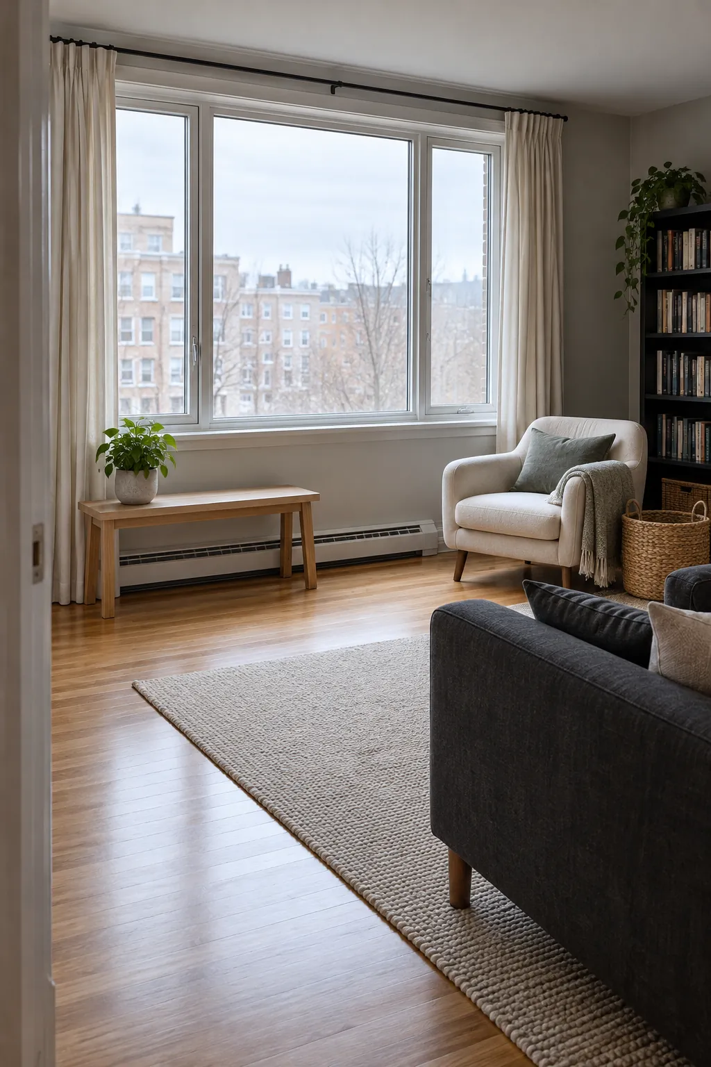 North facing window cleared of tall dark clutter in a living room