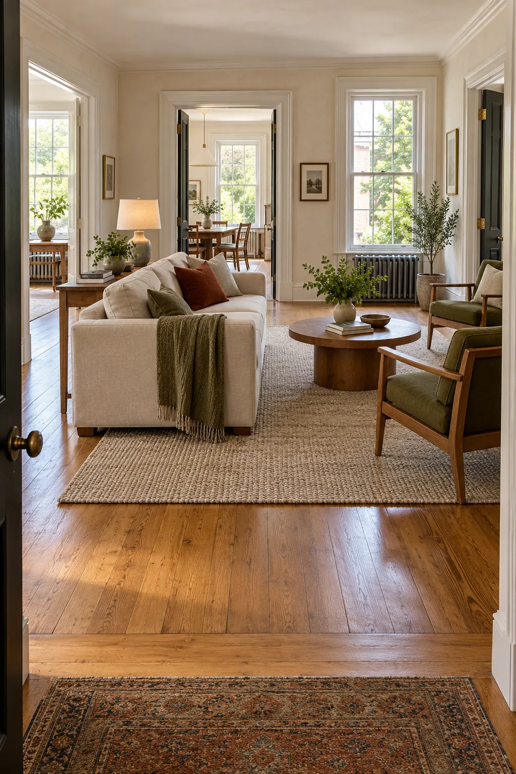 Well arranged living room with doors and windows on every wall