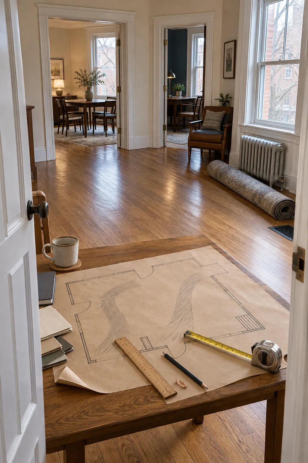Living room floor plan showing clear routes around doors and windows