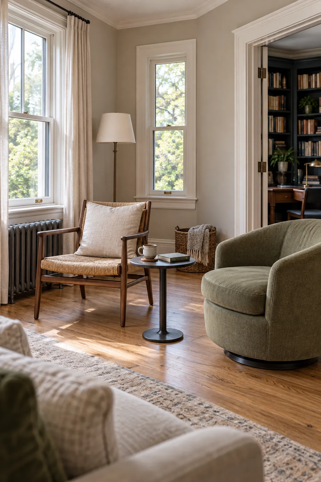 Compact living room chairs arranged between windows and doorways
