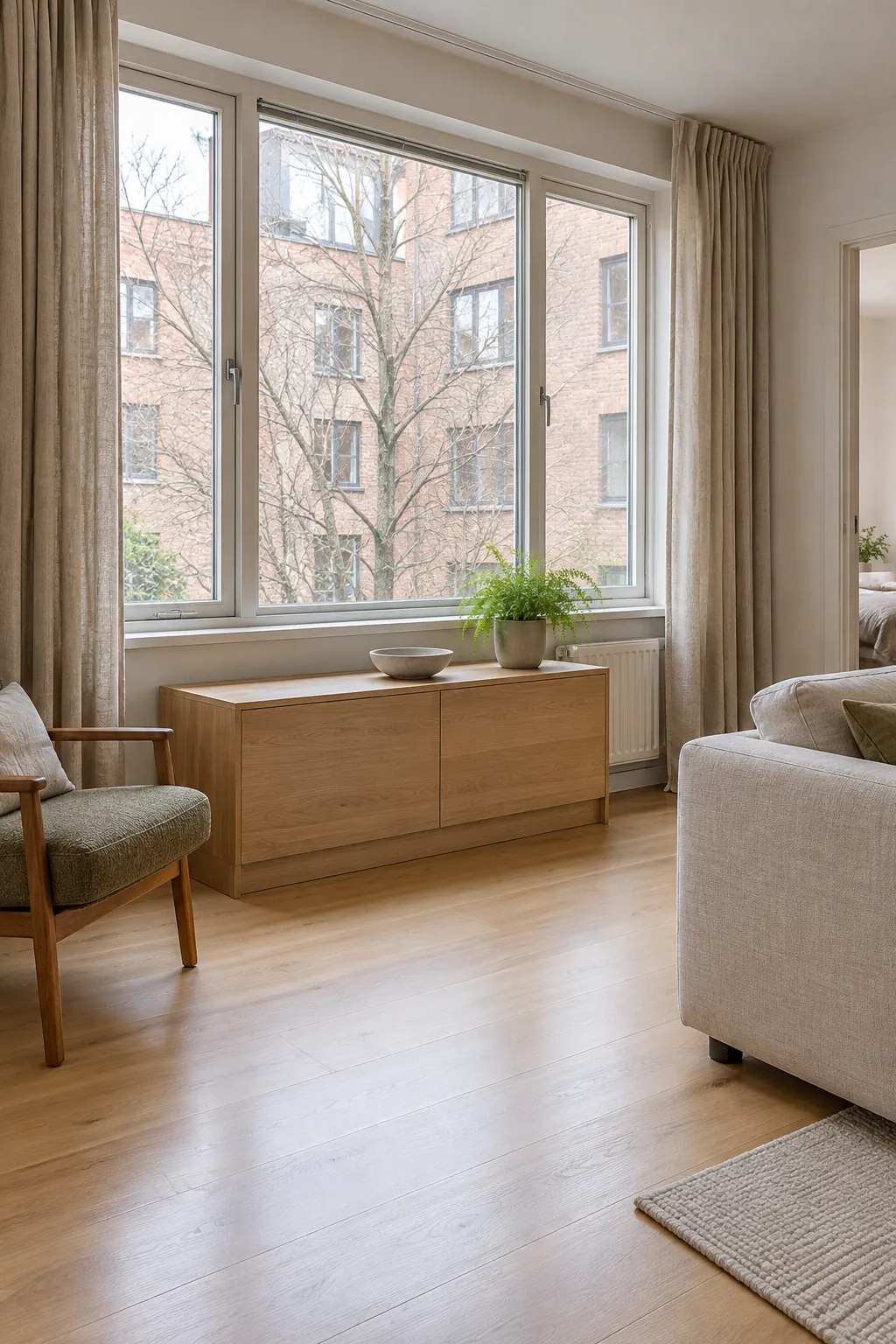 Low furniture placed beneath a living room window without blocking light