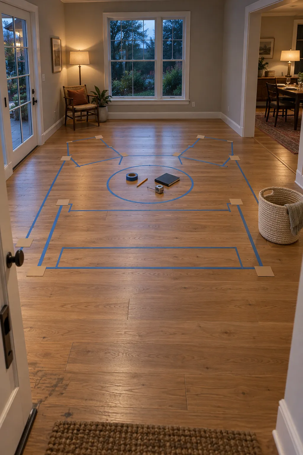 Full scale living room layout marked on the floor for testing
