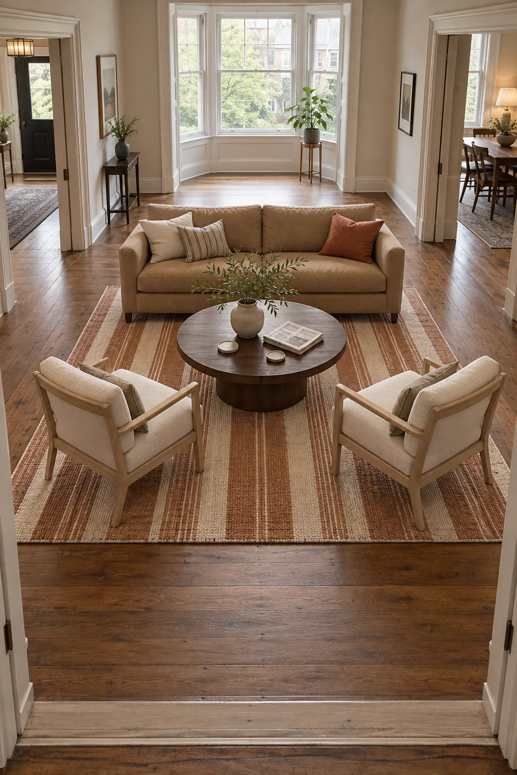 Area rug defining a centered seating island in an awkward living room