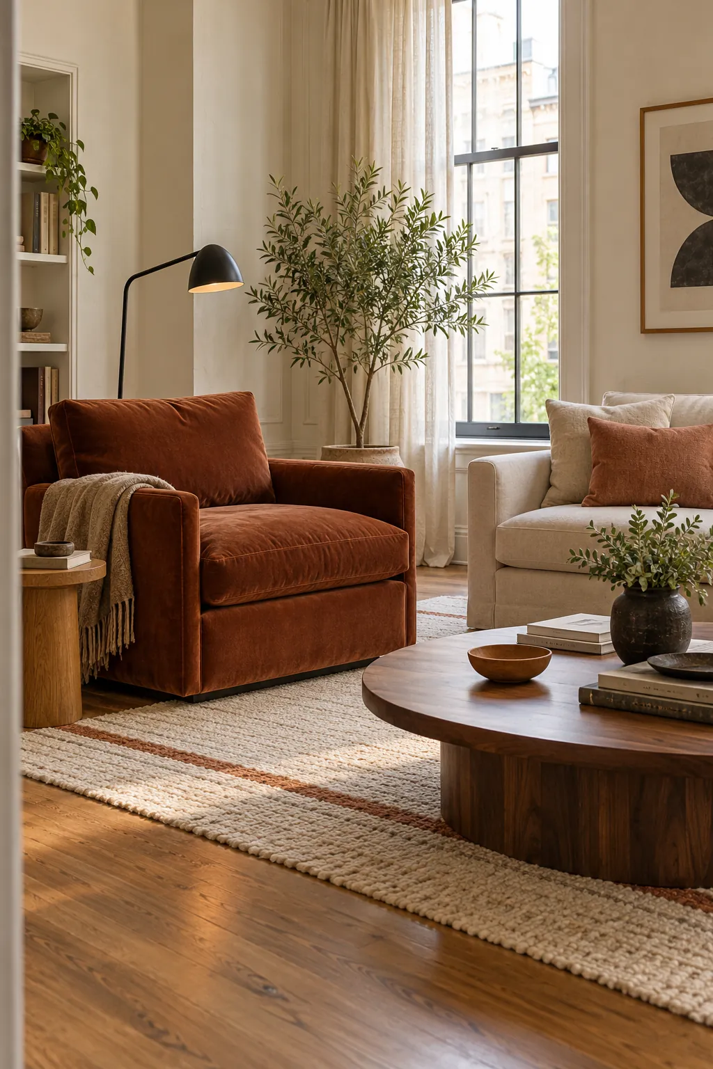 Collected living room repeating rust accents without exact matching