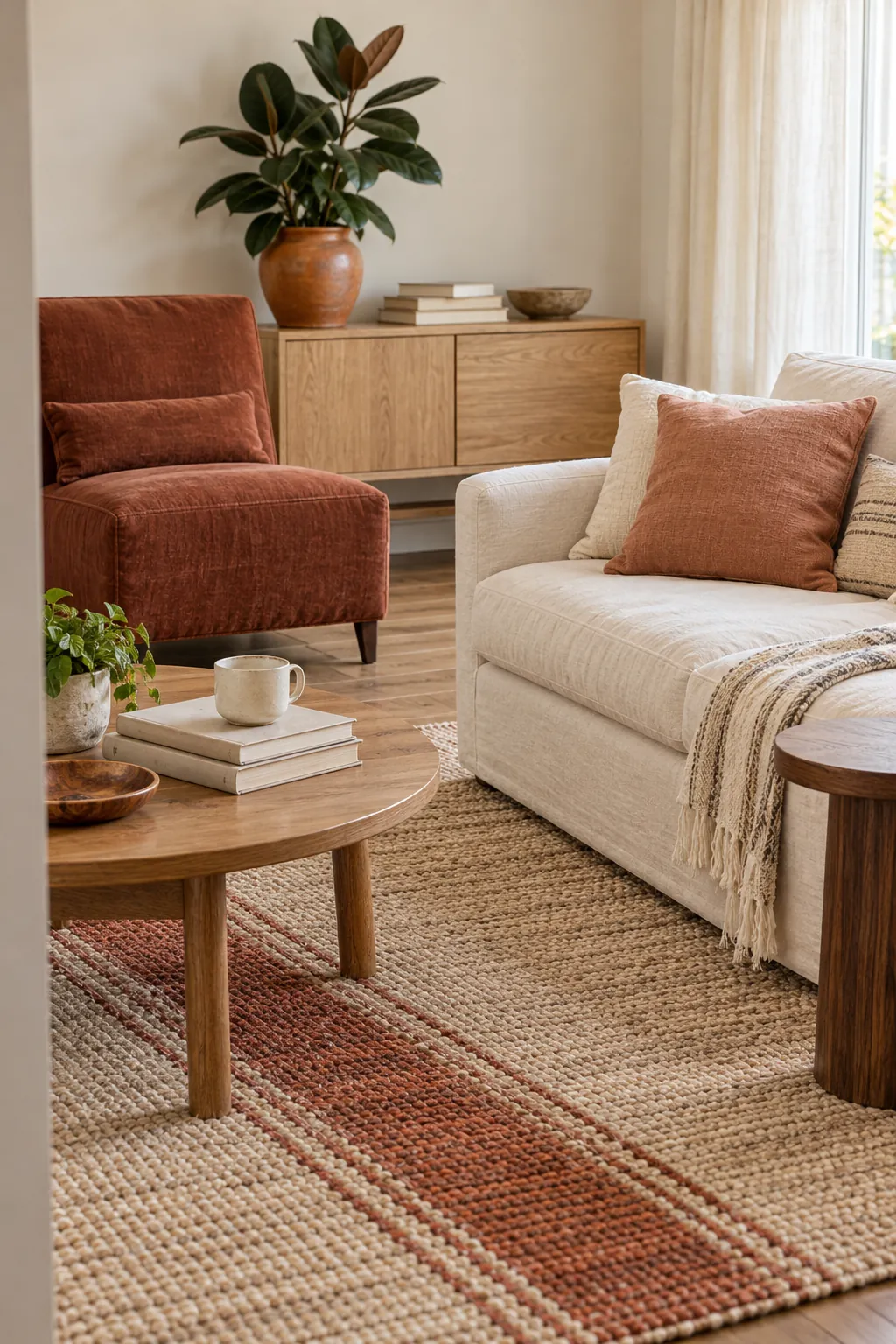 Living room using rust terracotta and clay as one varied accent color family