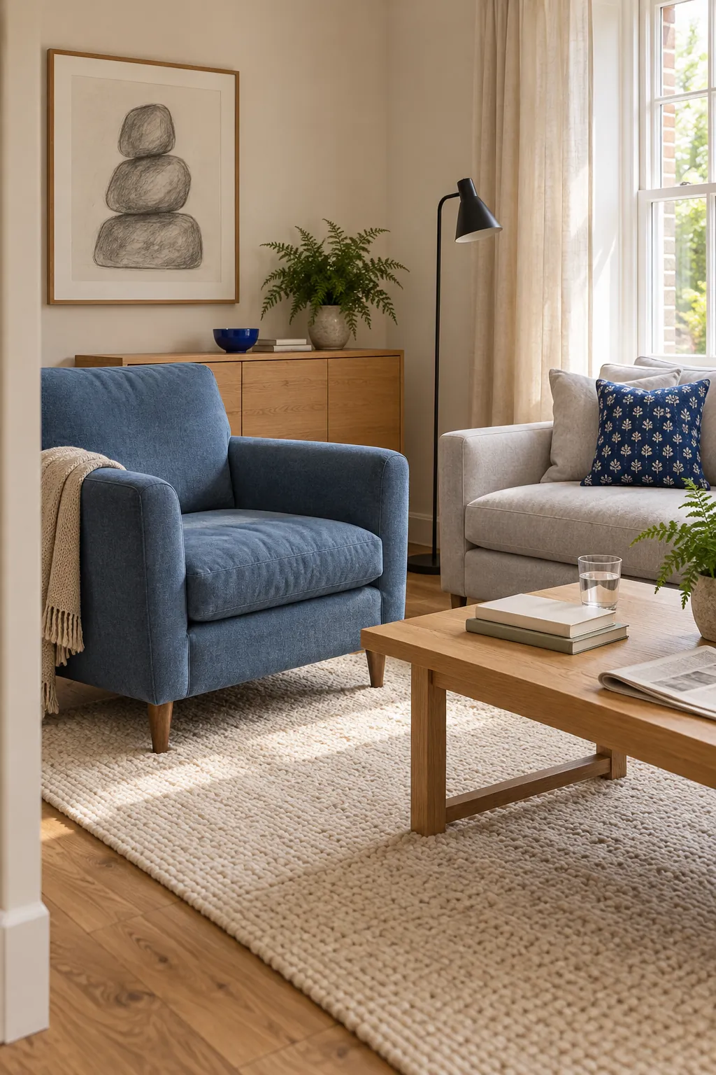Blue accent color repeated through a chair cushion and small bowl at different scales