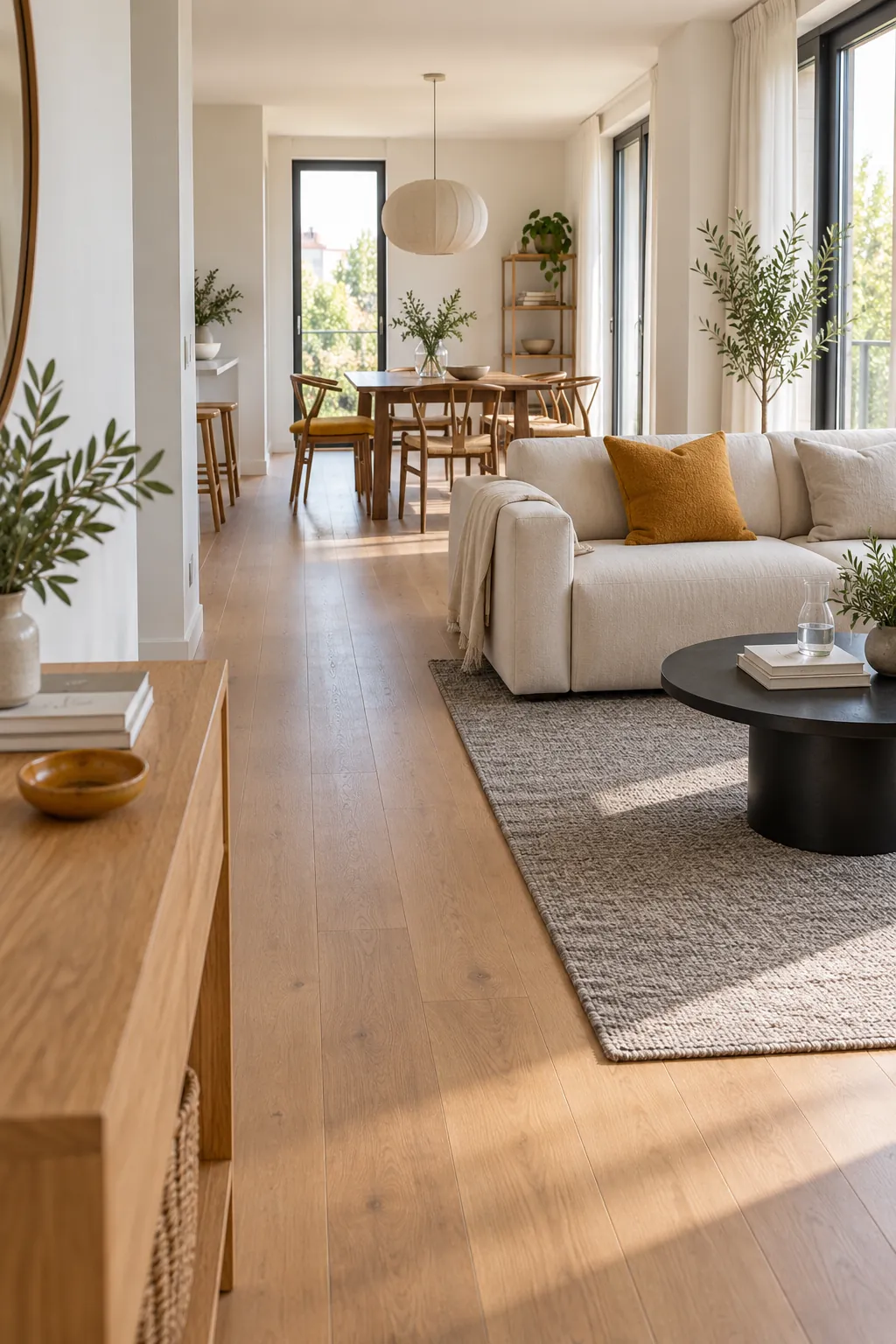 Ochre accent color distributed across connected living and dining sight lines