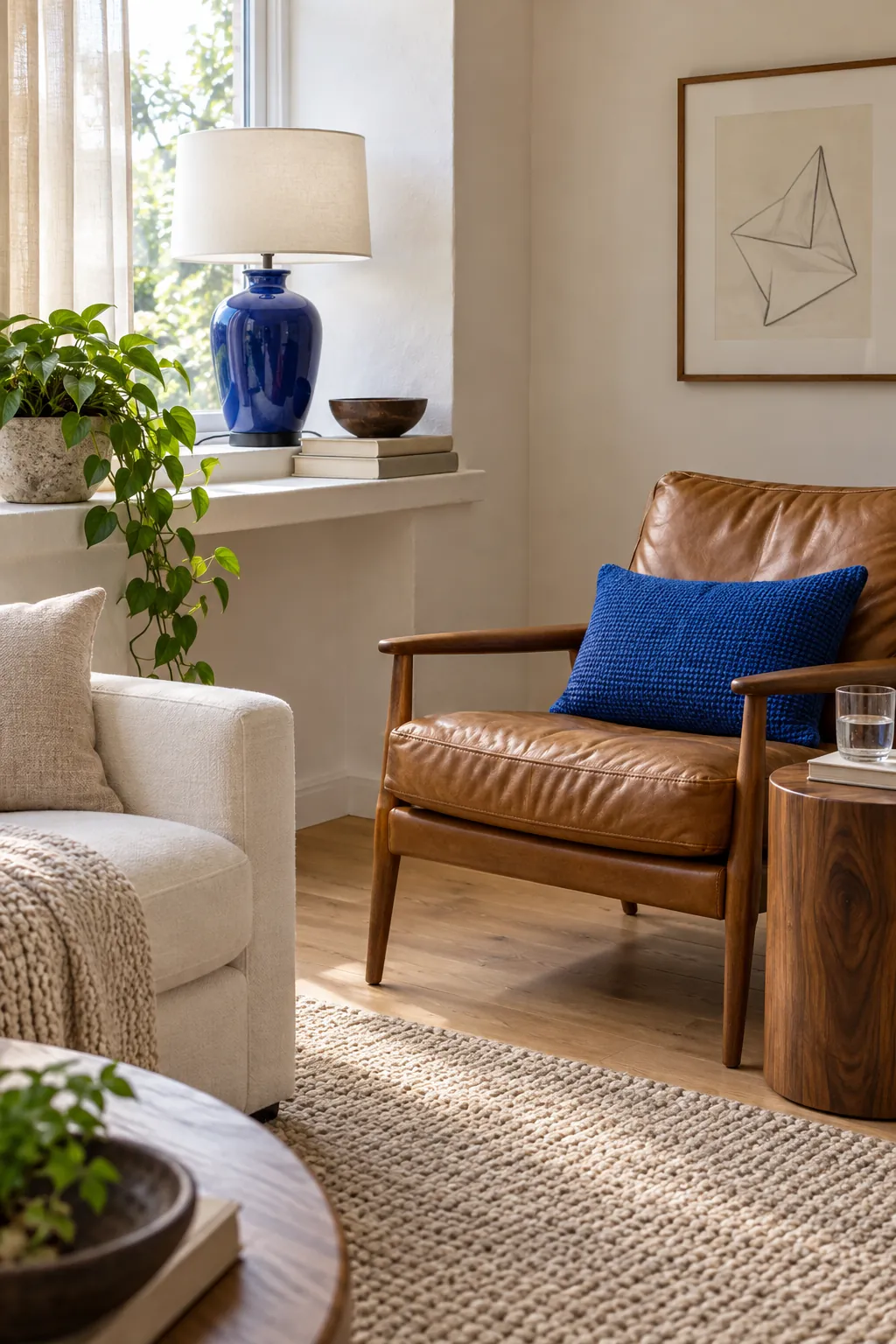 Cobalt accents changing mood beside white walnut and camel surfaces