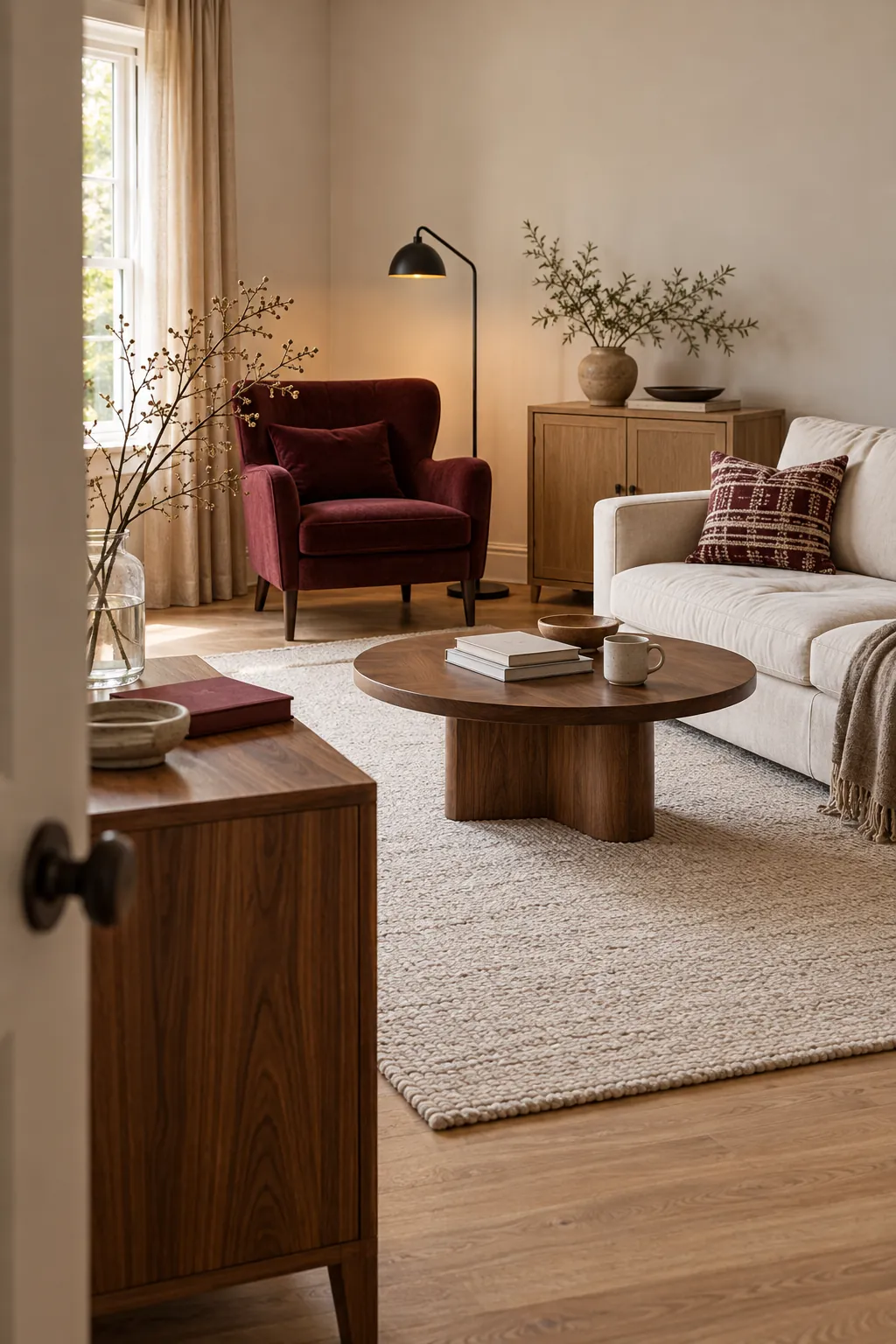 Edited living room with a restrained path of burgundy accent color