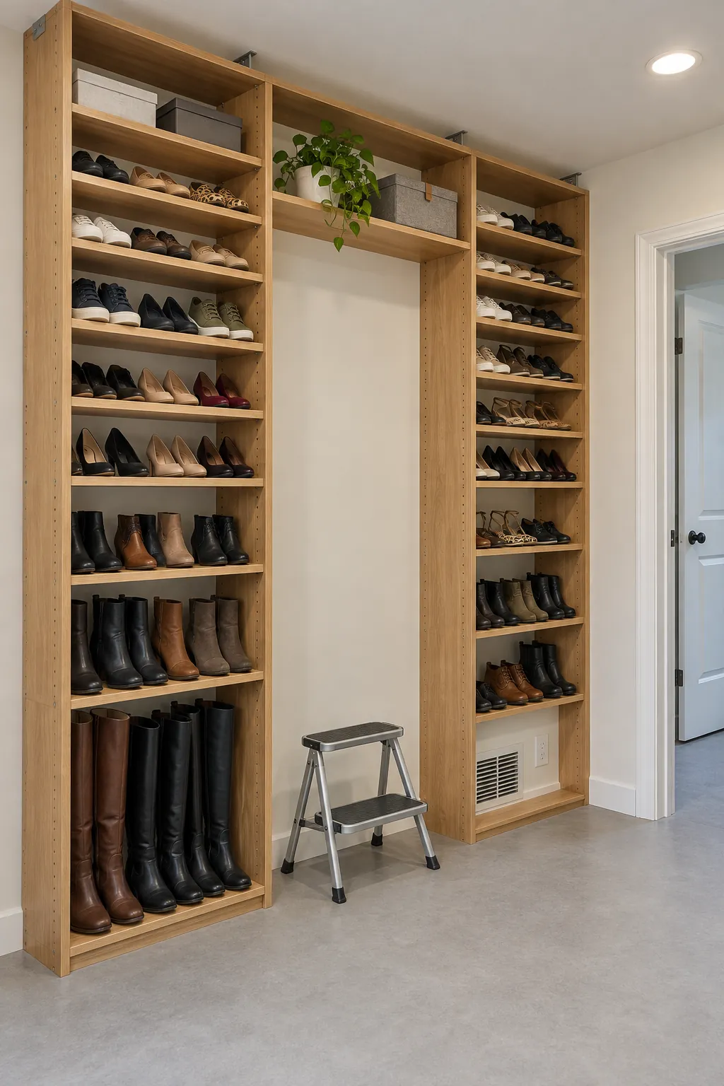 Floor to ceiling adjustable shoe shelves with varied spacing for a large collection