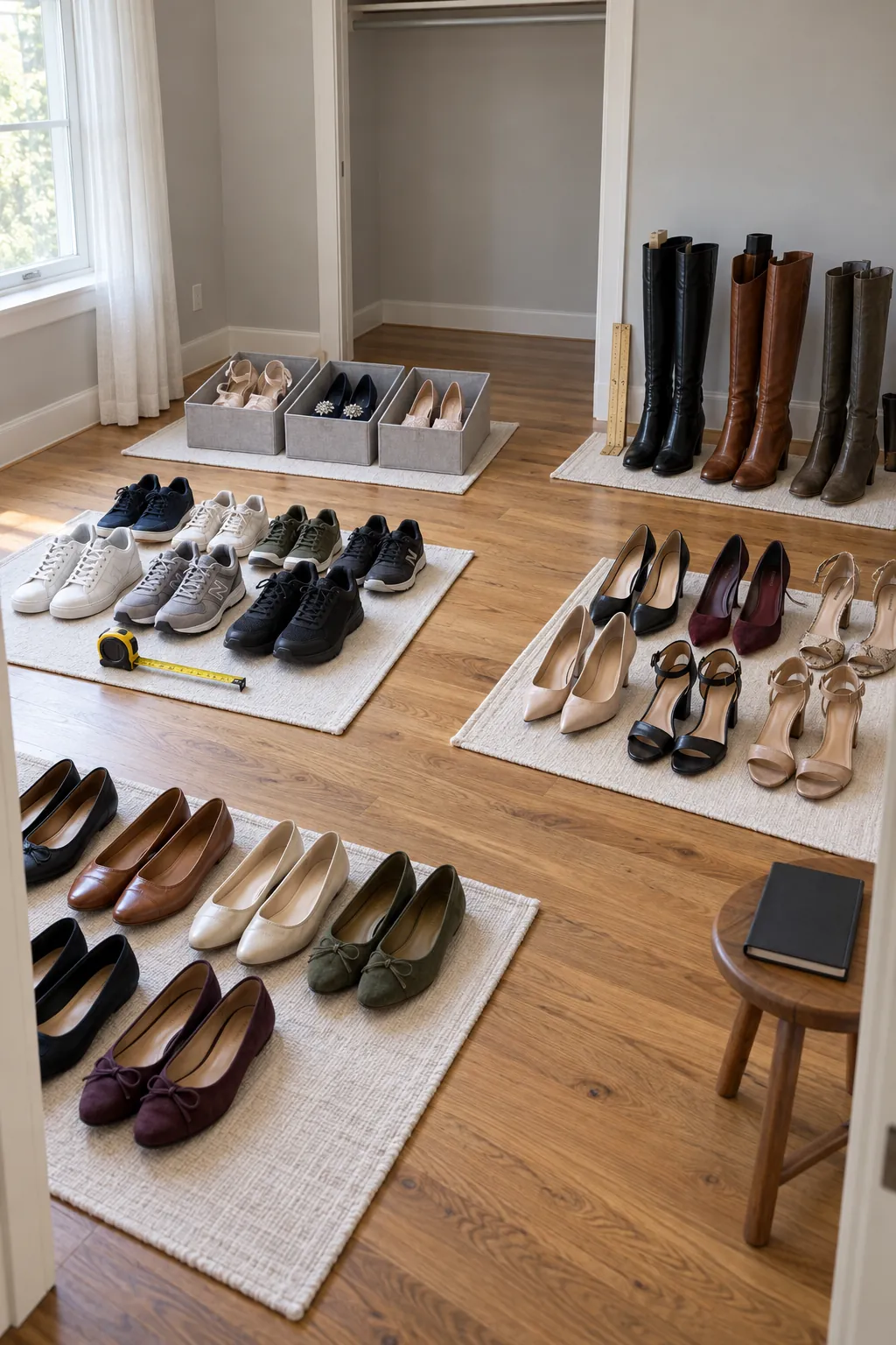 Large shoe collection sorted into measured groups before storage planning