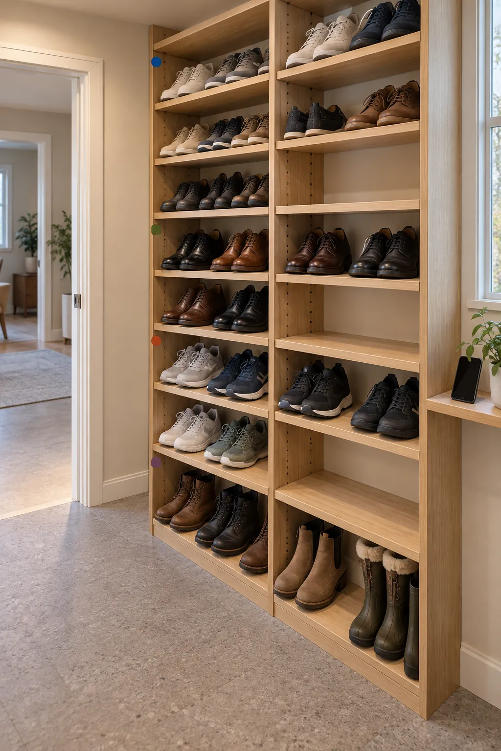 Organized shoe wall divided into clear visual storage zones