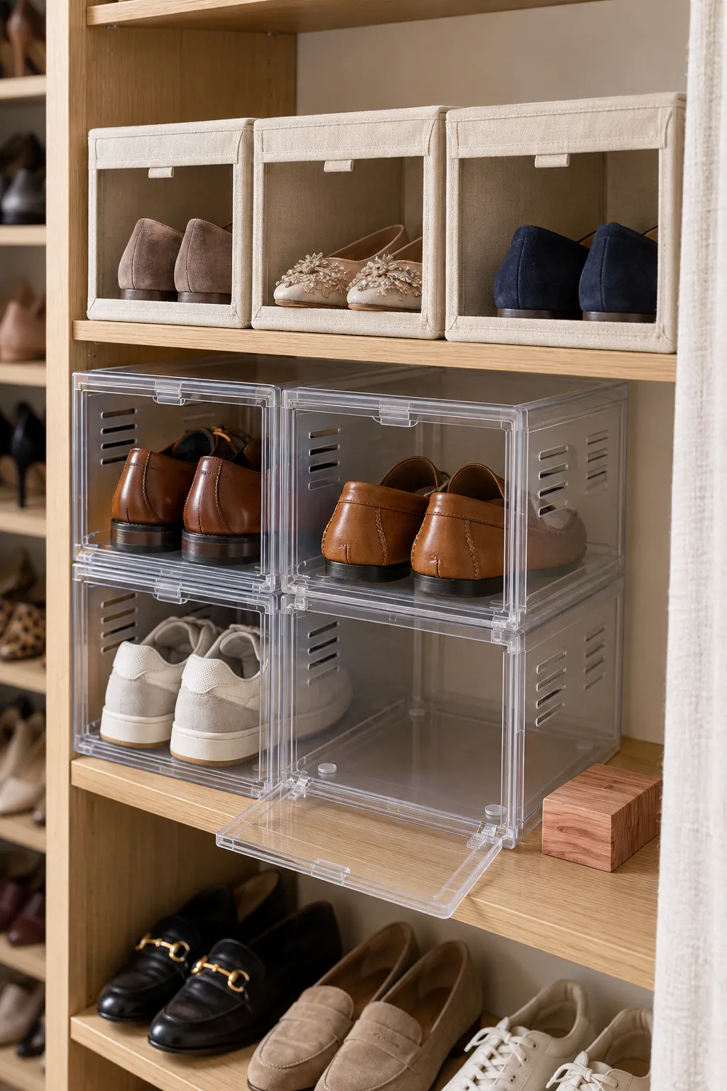 Protected clear shoe boxes and breathable containers for delicate footwear