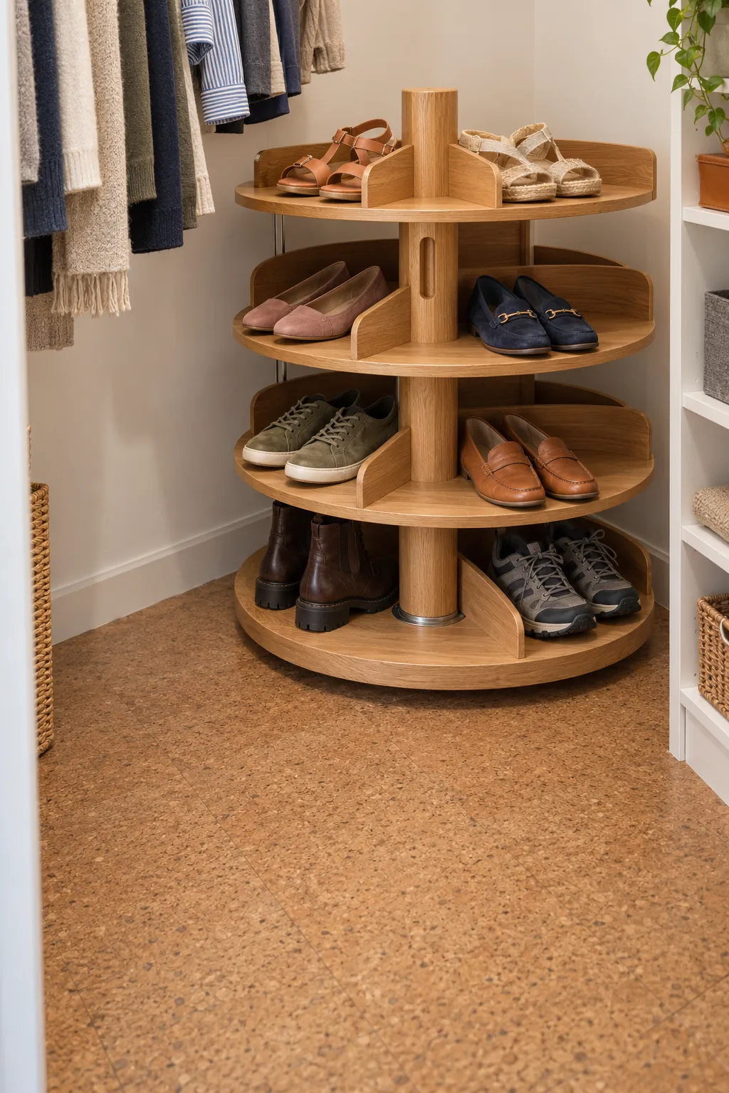 Stable rotating shoe rack with clear turning space in a closet corner