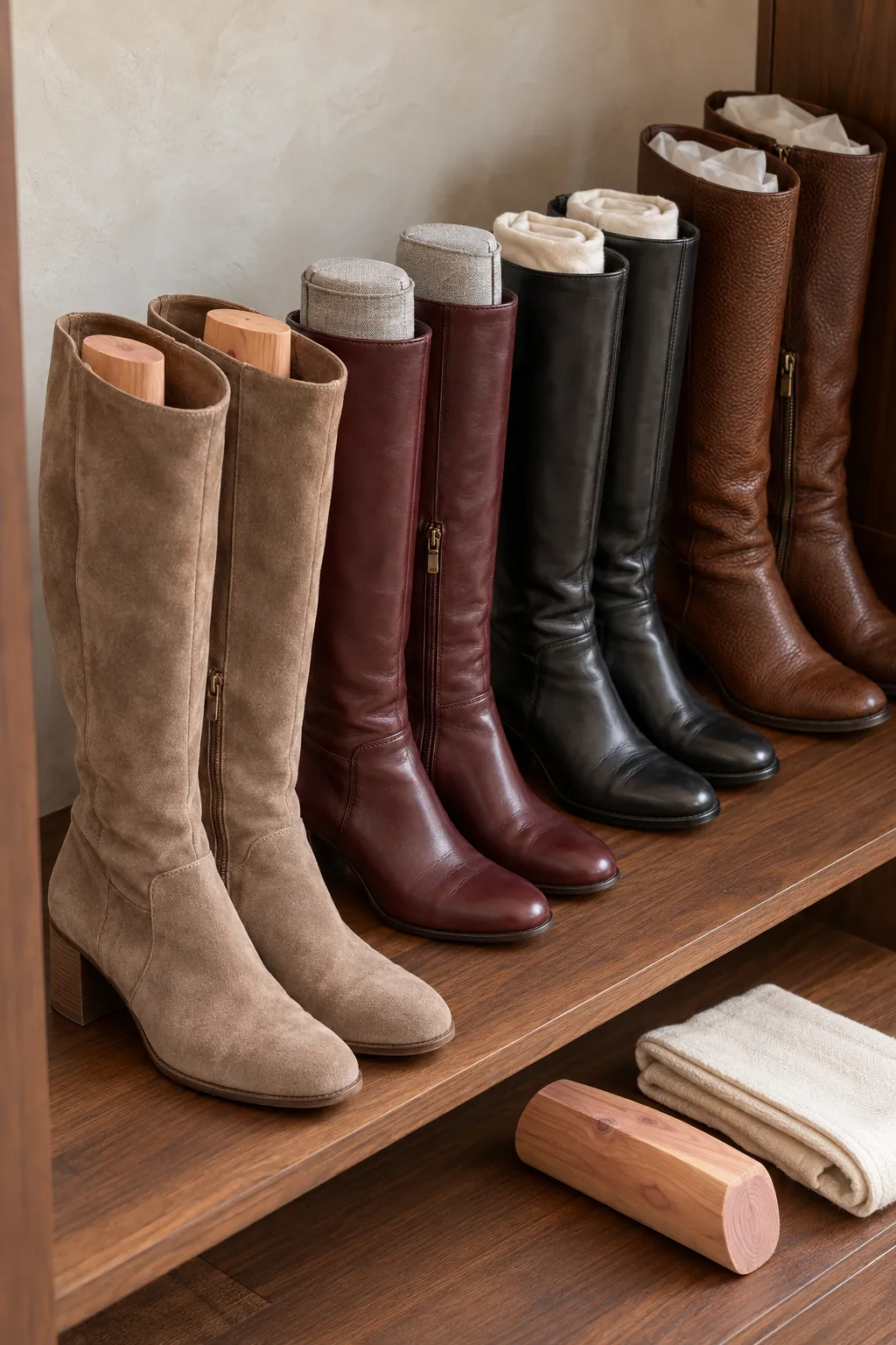 Boot shapers holding soft leather and suede boot shafts upright in a closet