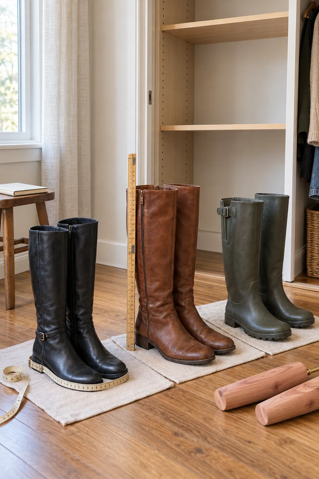 Tall boots measured beside an empty closet shelf for accurate storage planning